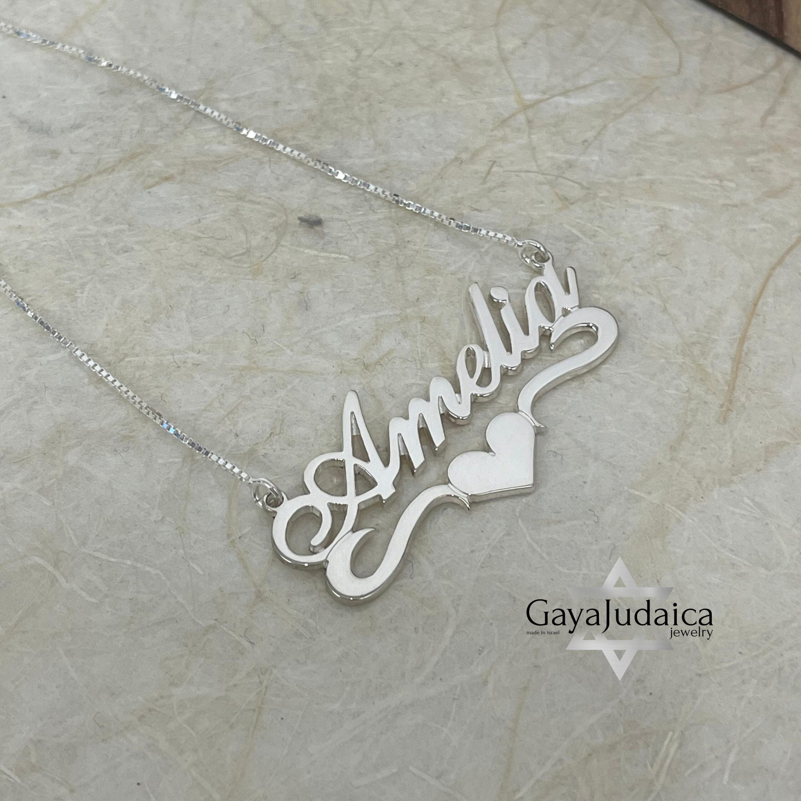 Sterling Silver Name Necklace with Heart, 925 Silver, Gold Plated (40mm) Sterling Silver Name Necklace with Heart, 925 Silver, Gold Plated (40mm)