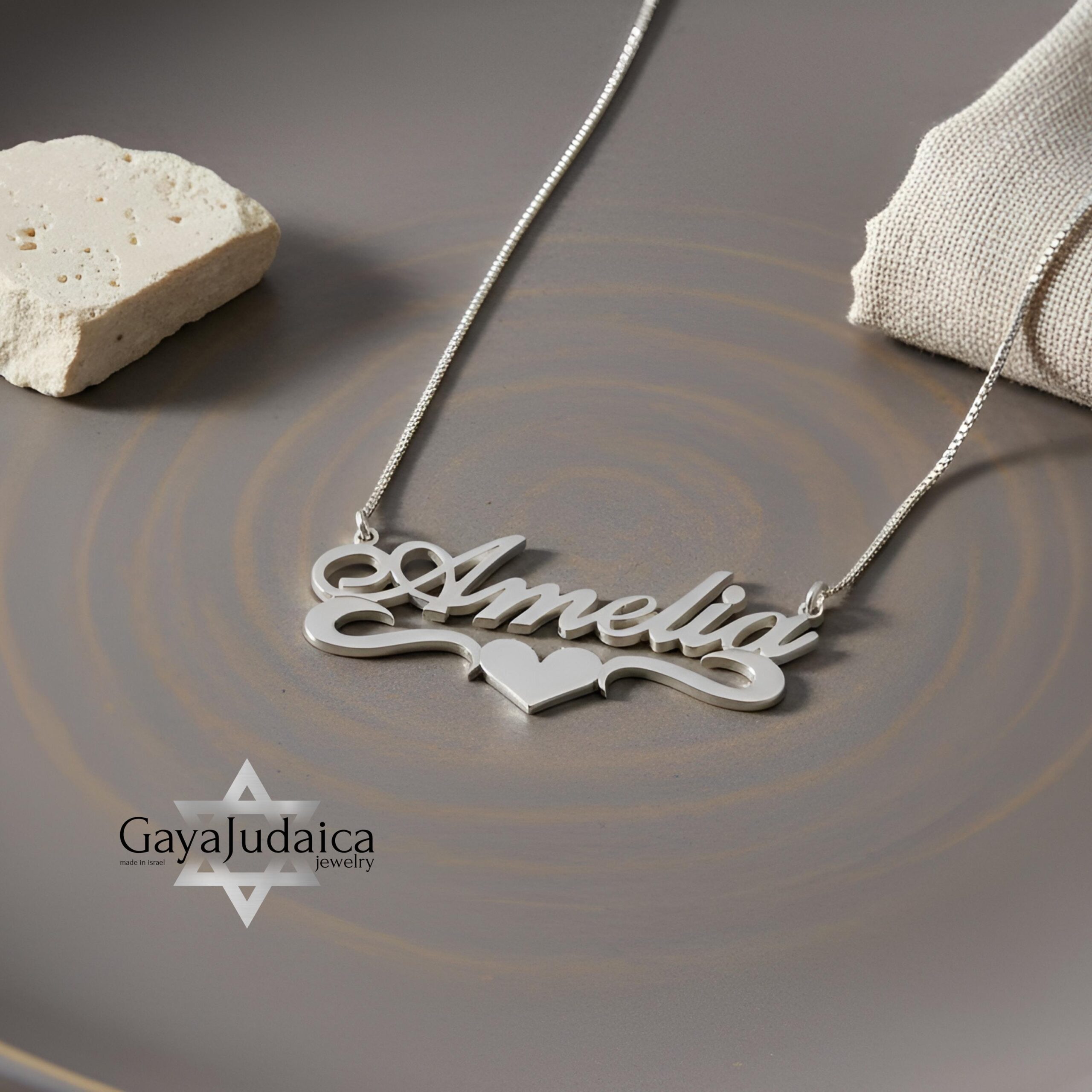 Sterling Silver Name Necklace with Heart, 925 Silver, Gold Plated (40mm) Sterling Silver Name Necklace with Heart, 925 Silver, Gold Plated (40mm)