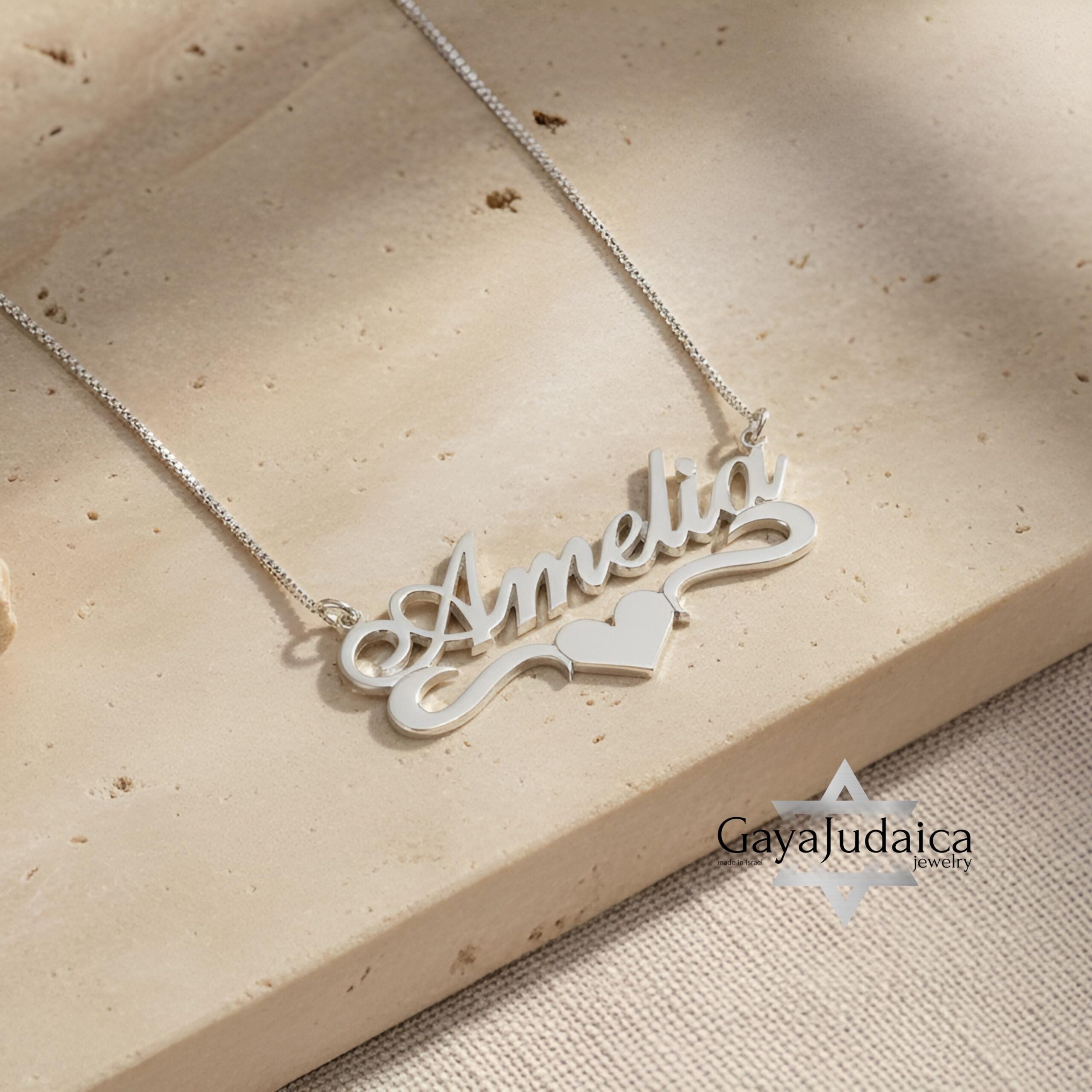 Sterling Silver Name Necklace with Heart, 925 Silver, Gold Plated (40mm) Sterling Silver Name Necklace with Heart, 925 Silver, Gold Plated (40mm)