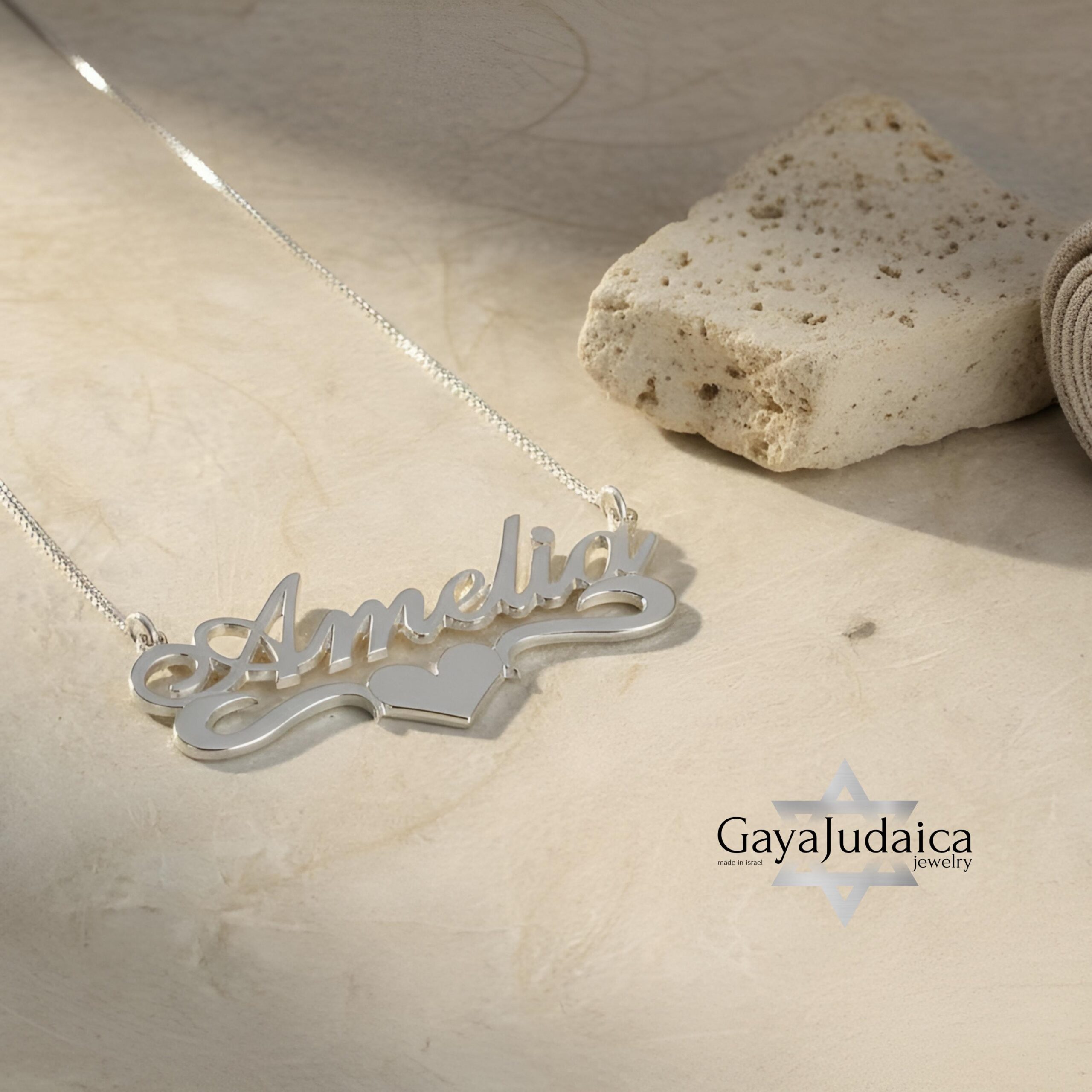 Sterling Silver Name Necklace with Heart, 925 Silver, Gold Plated (40mm) Sterling Silver Name Necklace with Heart, 925 Silver, Gold Plated (40mm)