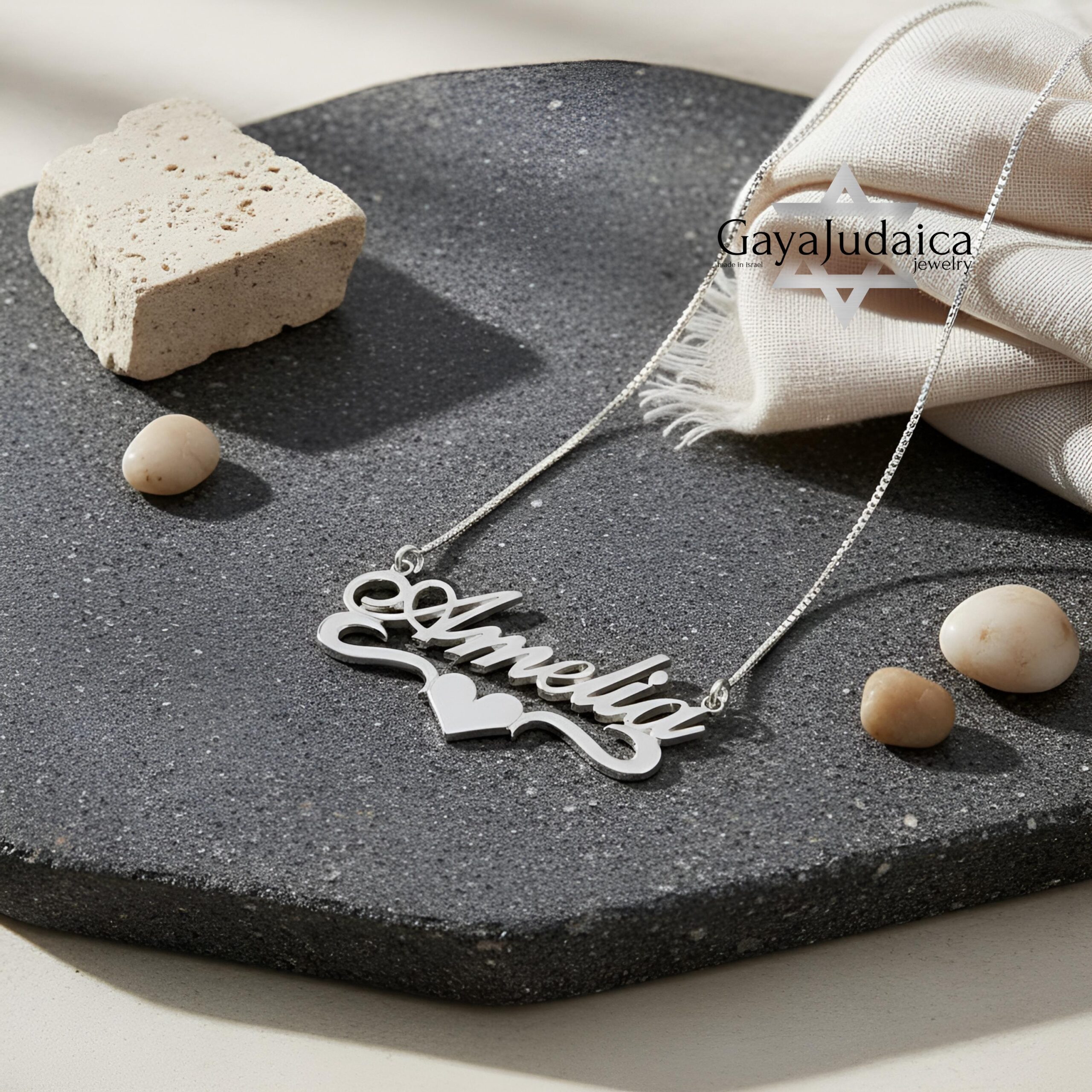 Sterling Silver Name Necklace with Heart, 925 Silver, Gold Plated (40mm) Sterling Silver Name Necklace with Heart, 925 Silver, Gold Plated (40mm)