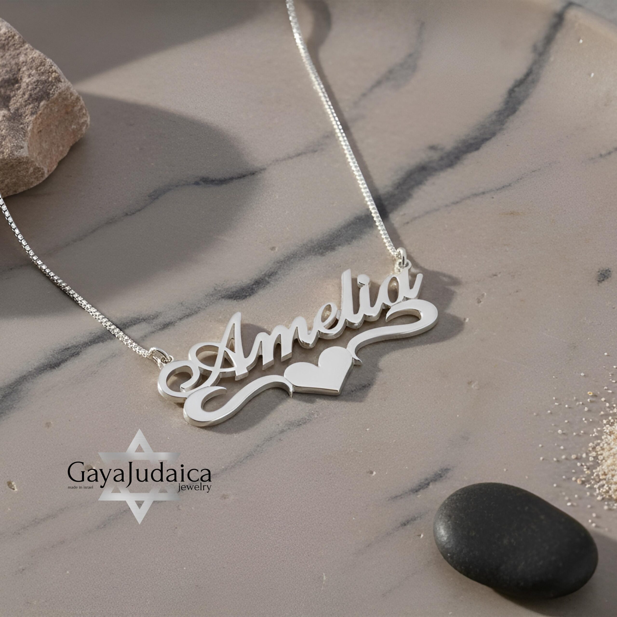 Sterling Silver Name Necklace with Heart, 925 Silver, Gold Plated (40mm) Sterling Silver Name Necklace with Heart, 925 Silver, Gold Plated (40mm)