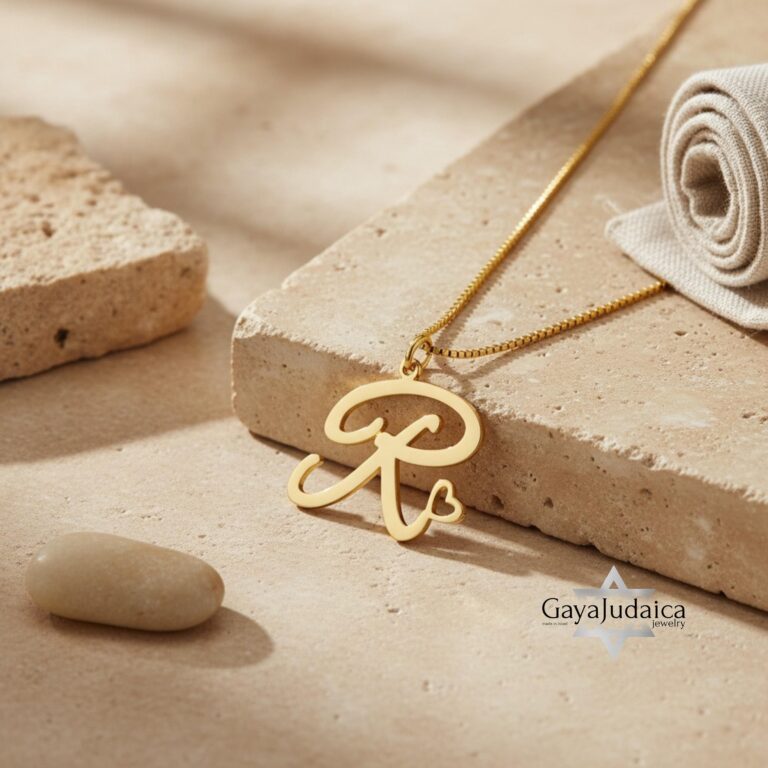 Initial Necklace 14K Solid Gold, Script Letter with Heart Charm, 25mm Pendant