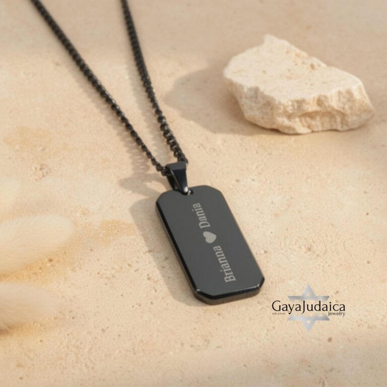 Onyx Dog Tag Necklace for Men, Engraved Black Stainless Steel Pendant, Curb Chain - handmade in Israel