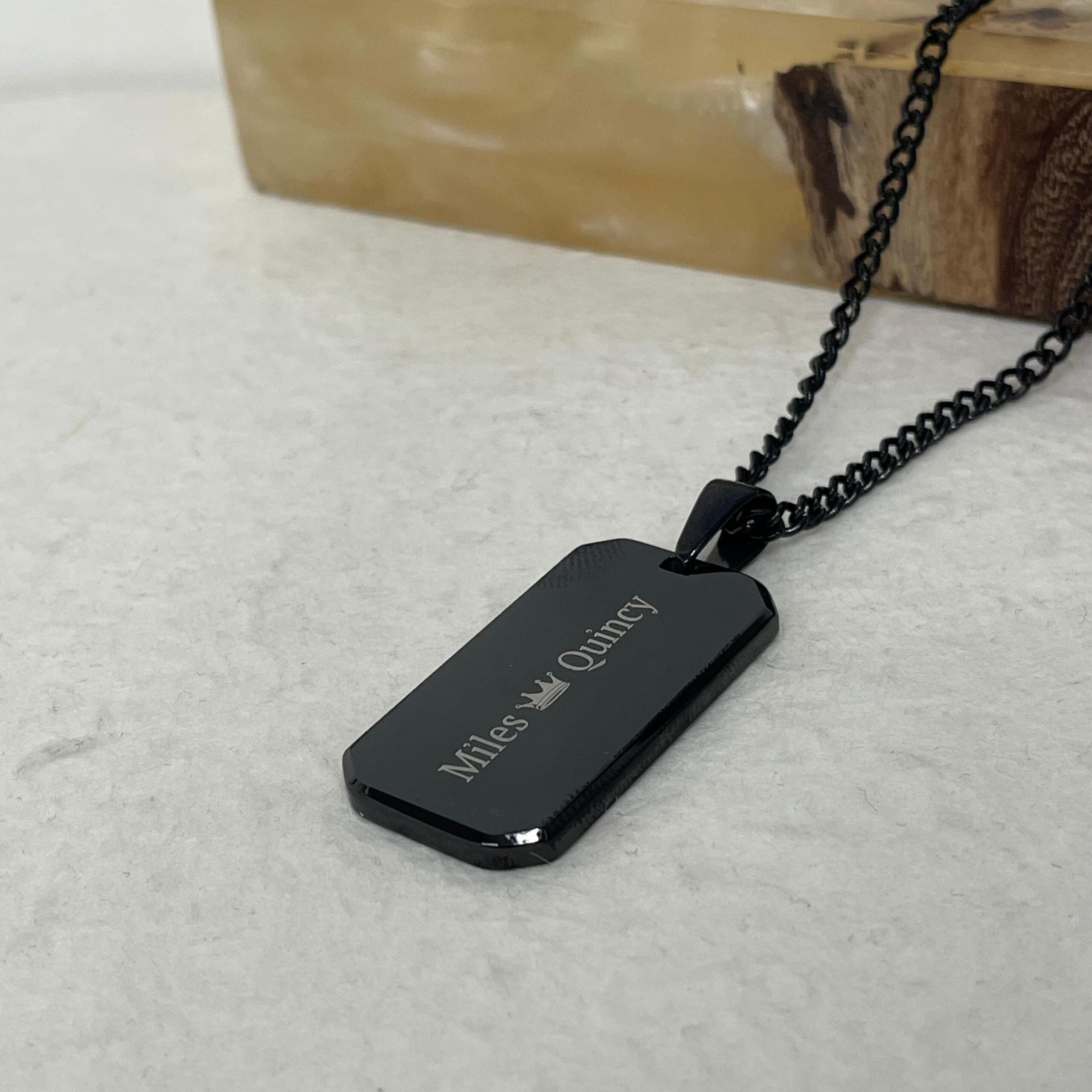 Onyx Dog Tag Necklace for Men, Engraved Black Stainless Steel Pendant, Curb Chain Onyx Dog Tag Necklace for Men, Engraved Black Stainless Steel Pendant, Curb Chain