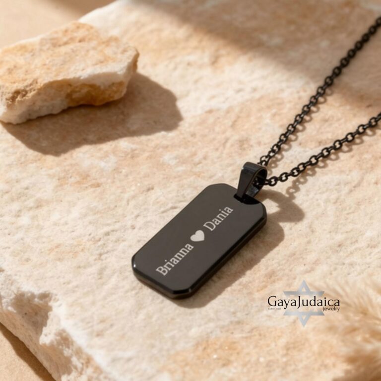 Onyx Dog Tag Necklace for Men, Engraved Black Stainless Steel Pendant, Curb Chain