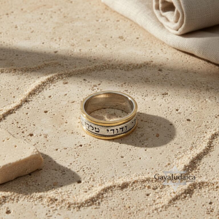 Two-Tone Sparkling Hebrew Bible Verse Ring - Sterling Silver & 14K Gold - handmade in Israel