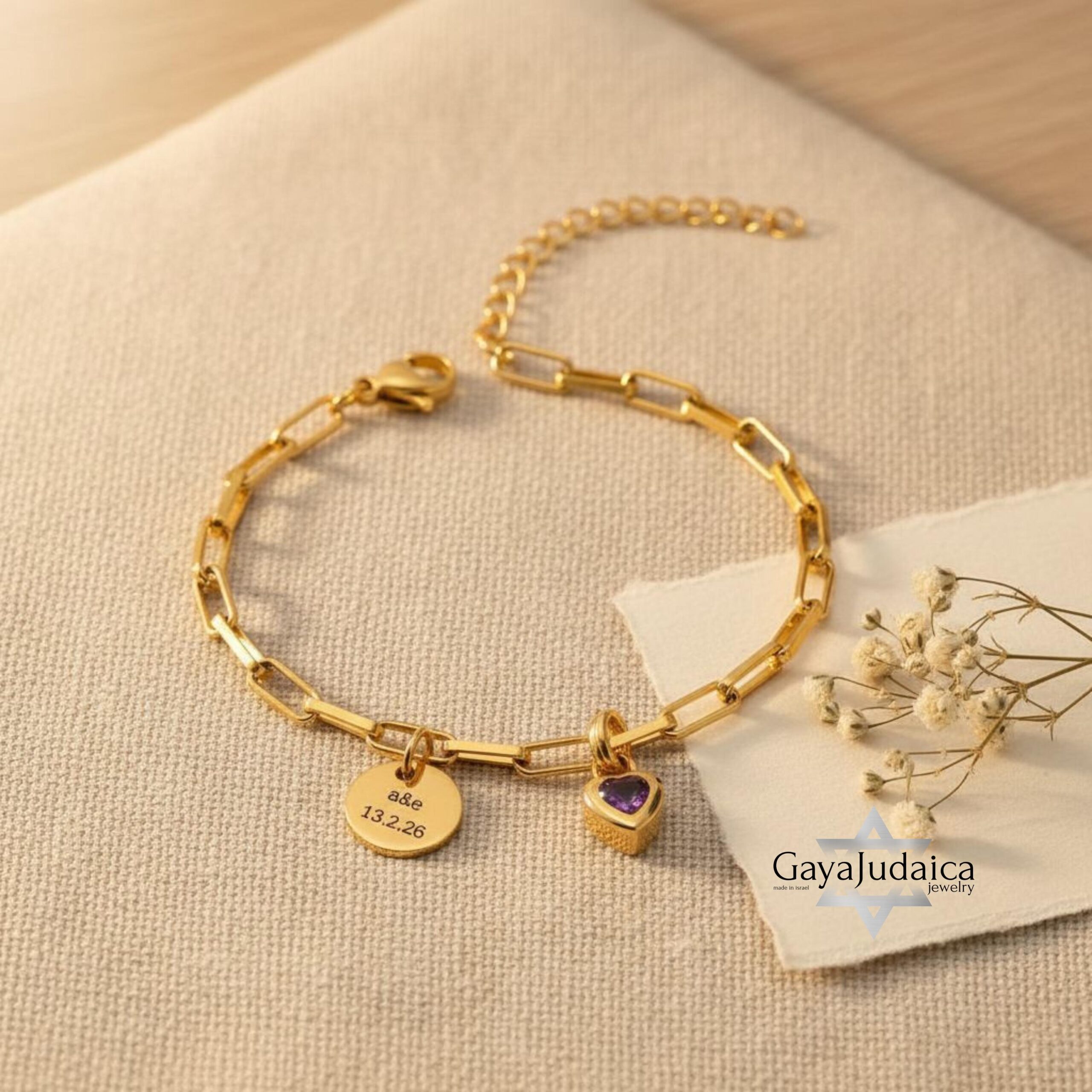 Personalized Hebrew Name Charm Bracelet, Heart Birthstone, Gold-Tone Stainless Steel Personalized Hebrew Name Charm Bracelet, Heart Birthstone, Gold-Tone Stainless Steel