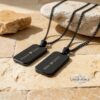 Onyx Dog Tag Necklace for Men, Engraved Black Stainless Steel Pendant, Curb Chain - handmade in Israel