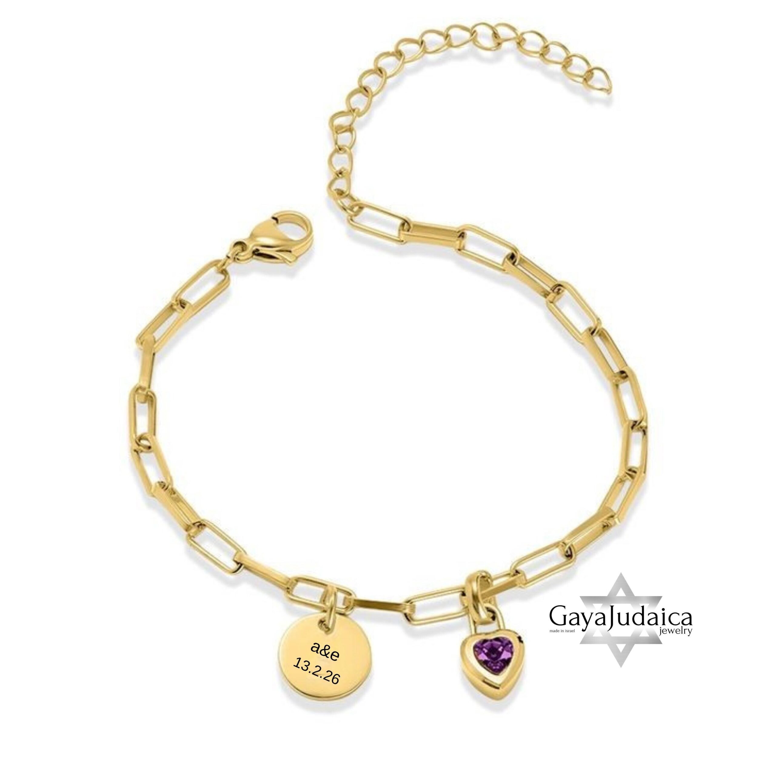 Personalized Hebrew Name Charm Bracelet, Heart Birthstone, Gold-Tone Stainless Steel Personalized Hebrew Name Charm Bracelet, Heart Birthstone, Gold-Tone Stainless Steel