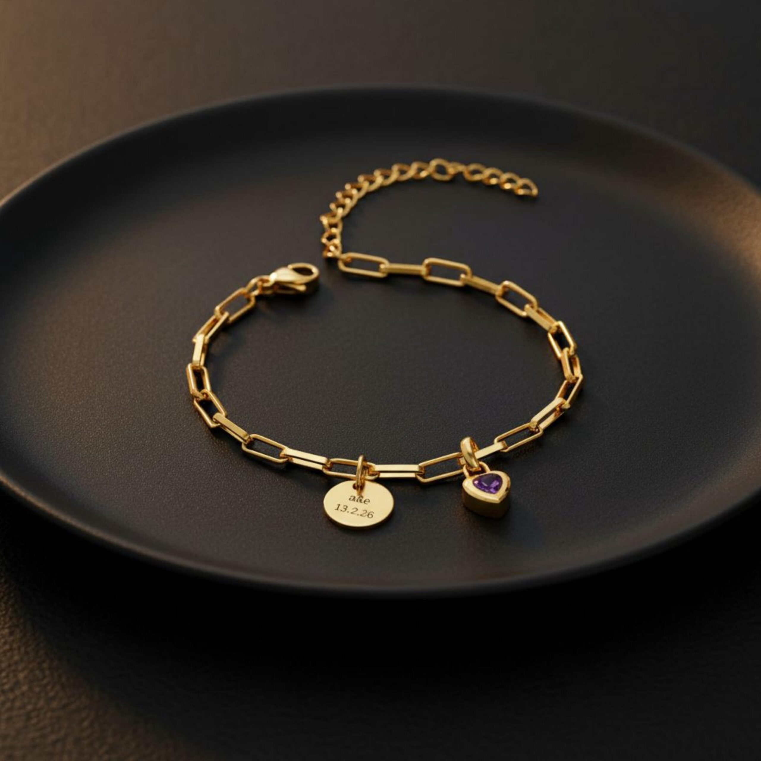 Personalized Hebrew Name Charm Bracelet, Heart Birthstone, Gold-Tone Stainless Steel Personalized Hebrew Name Charm Bracelet, Heart Birthstone, Gold-Tone Stainless Steel