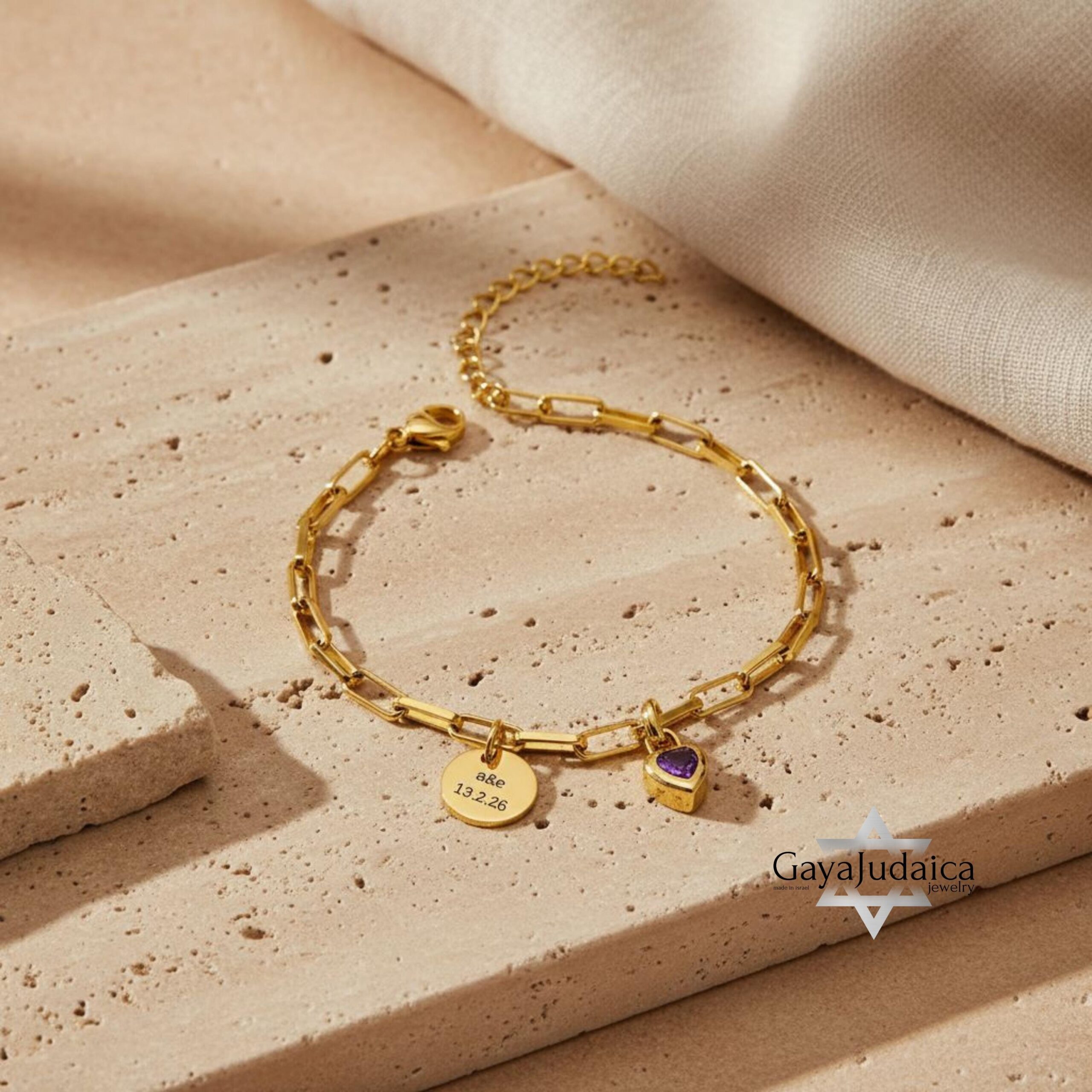 Personalized Hebrew Name Charm Bracelet, Heart Birthstone, Gold-Tone Stainless Steel Personalized Hebrew Name Charm Bracelet, Heart Birthstone, Gold-Tone Stainless Steel