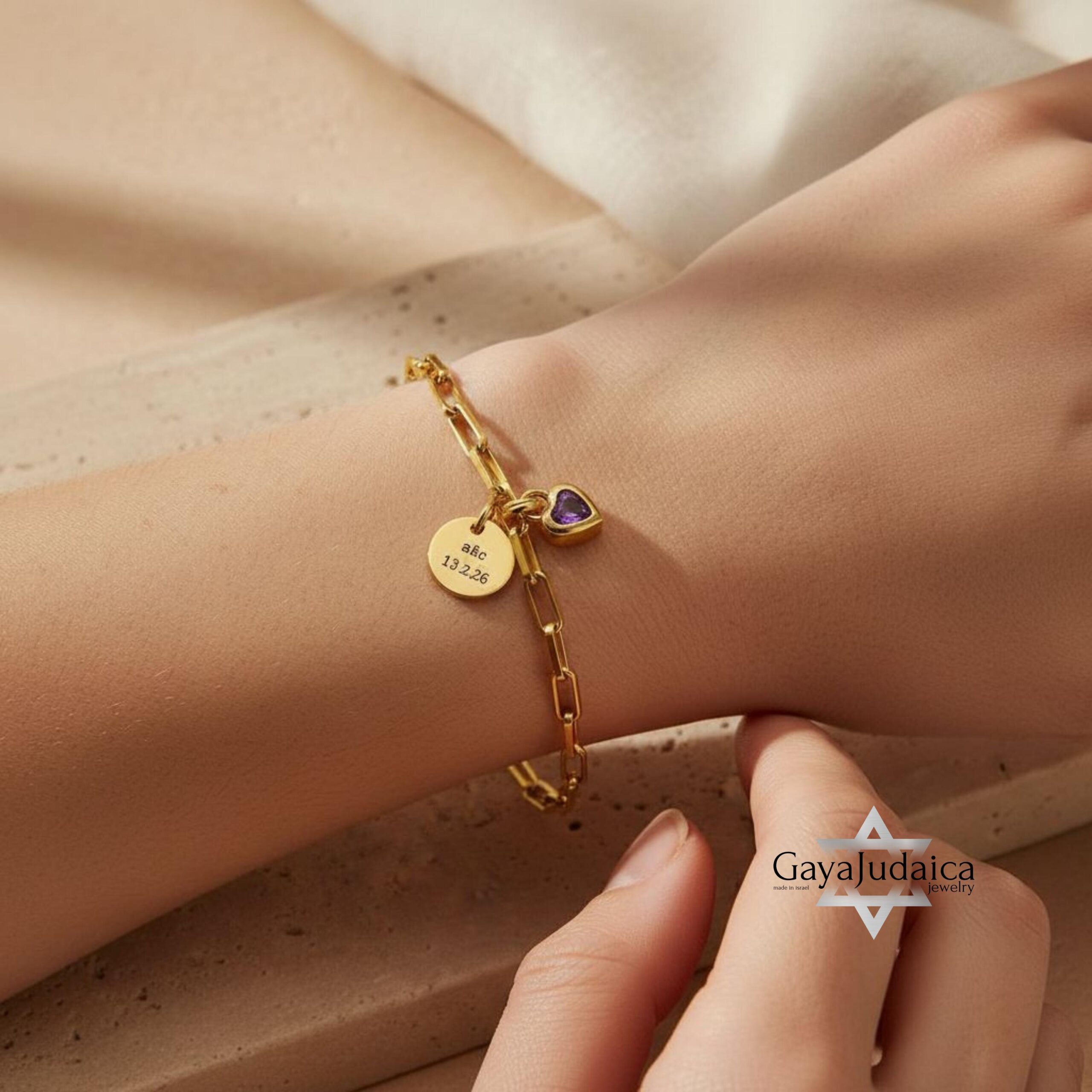 Personalized Hebrew Name Charm Bracelet, Heart Birthstone, Gold-Tone Stainless Steel Personalized Hebrew Name Charm Bracelet, Heart Birthstone, Gold-Tone Stainless Steel