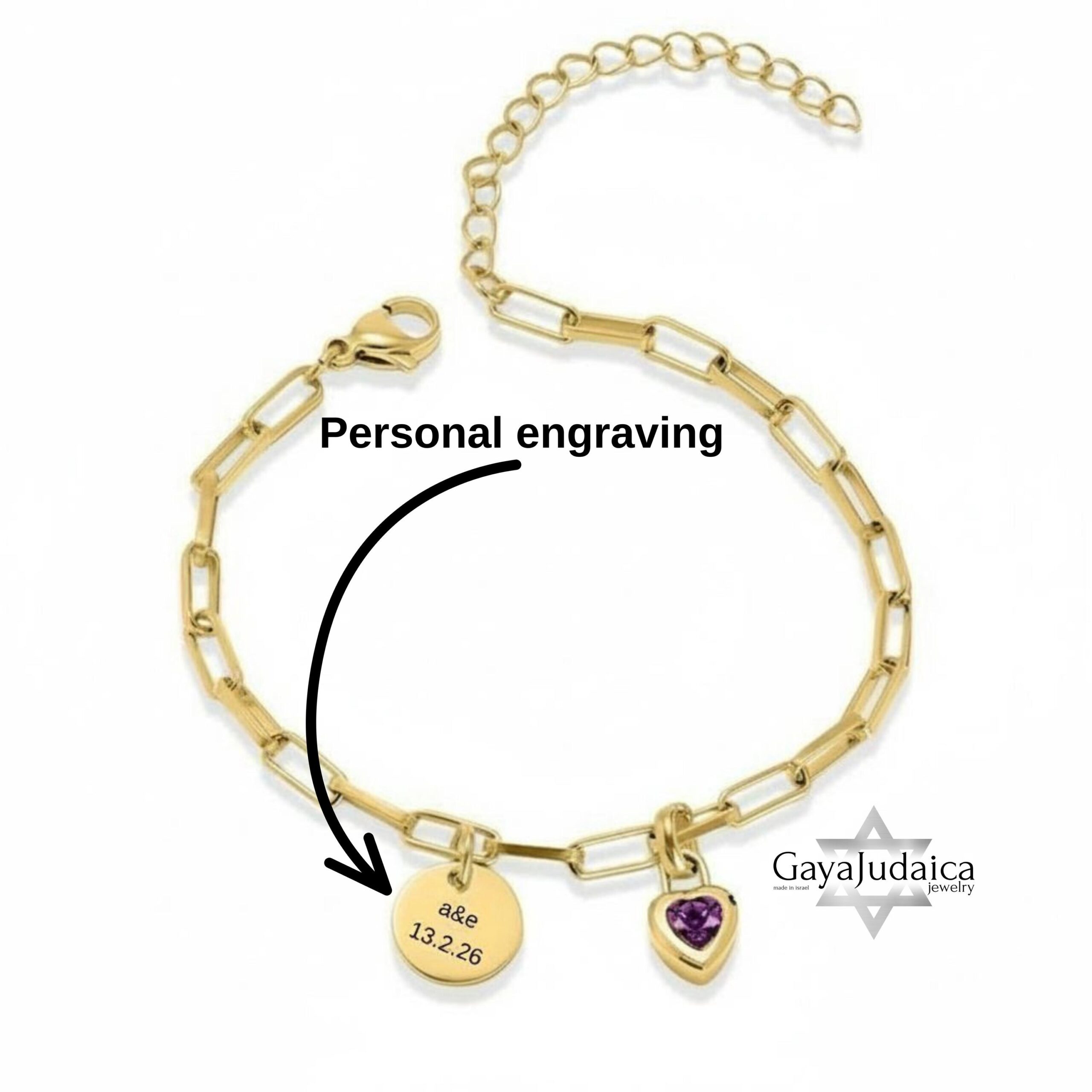 Personalized Hebrew Name Charm Bracelet, Heart Birthstone, Gold-Tone Stainless Steel Personalized Hebrew Name Charm Bracelet, Heart Birthstone, Gold-Tone Stainless Steel