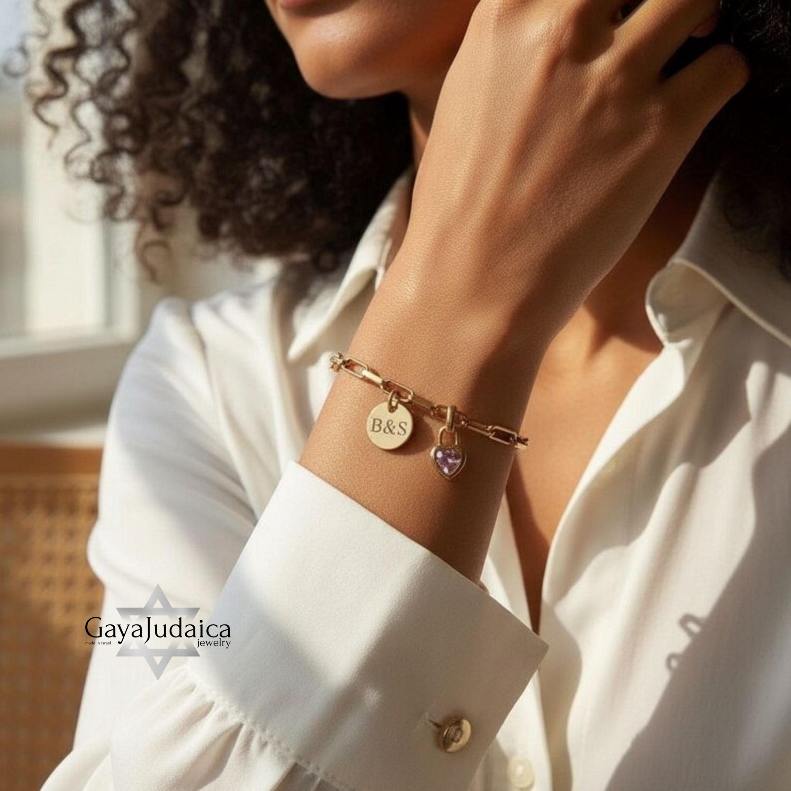 Personalized Hebrew Name Charm Bracelet, Heart Birthstone, Gold-Tone Stainless Steel Personalized Hebrew Name Charm Bracelet, Heart Birthstone, Gold-Tone Stainless Steel