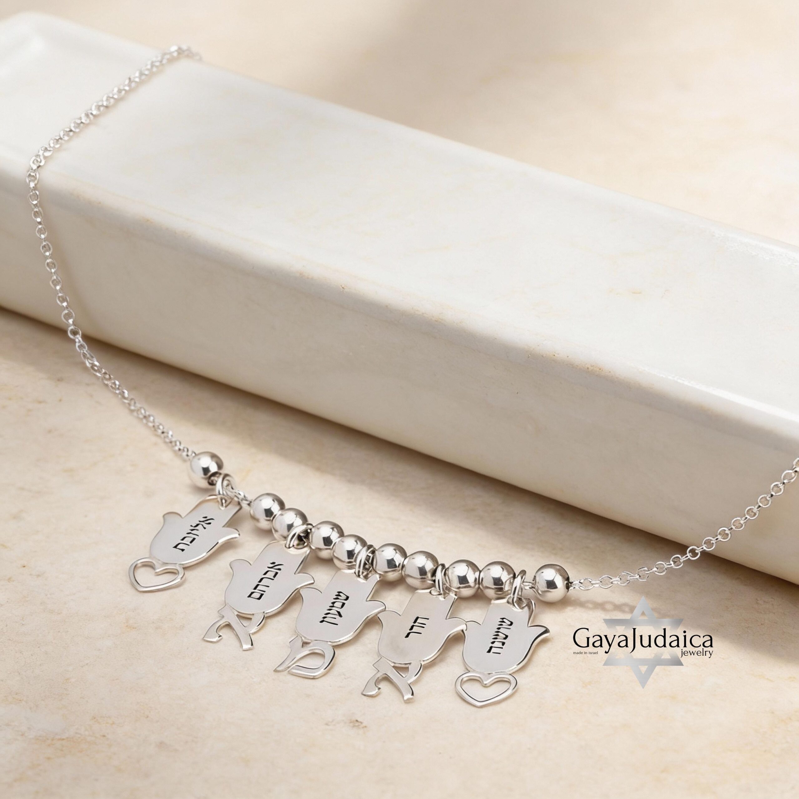 Multiple Name Necklace Sterling Silver, Engraved Hamsa Charms in Hebrew, 3 to 8 Pendants Multiple Name Necklace Sterling Silver, Engraved Hamsa Charms in Hebrew, 3 to 8 Pendants