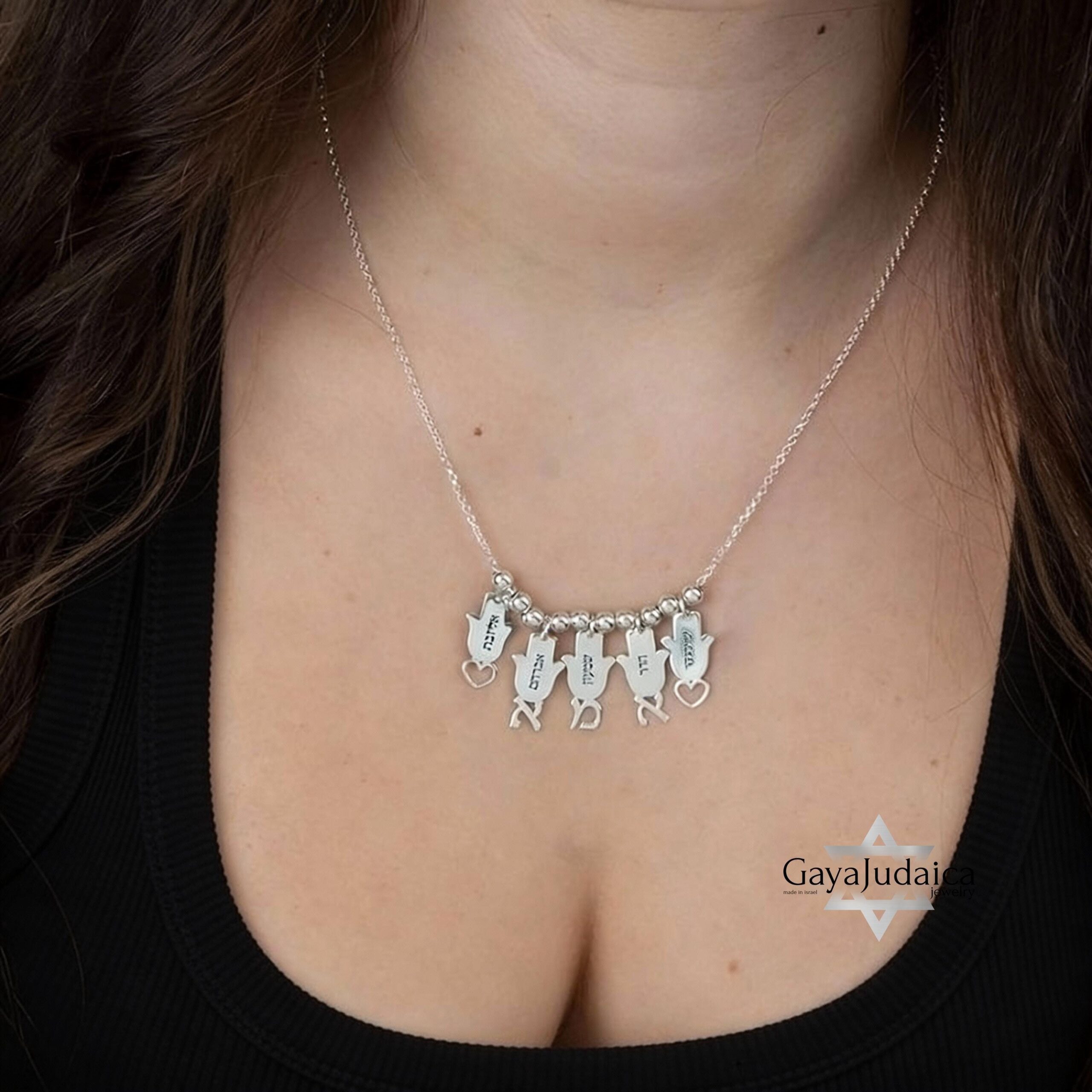Multiple Name Necklace Sterling Silver, Engraved Hamsa Charms in Hebrew, 3 to 8 Pendants Multiple Name Necklace Sterling Silver, Engraved Hamsa Charms in Hebrew, 3 to 8 Pendants