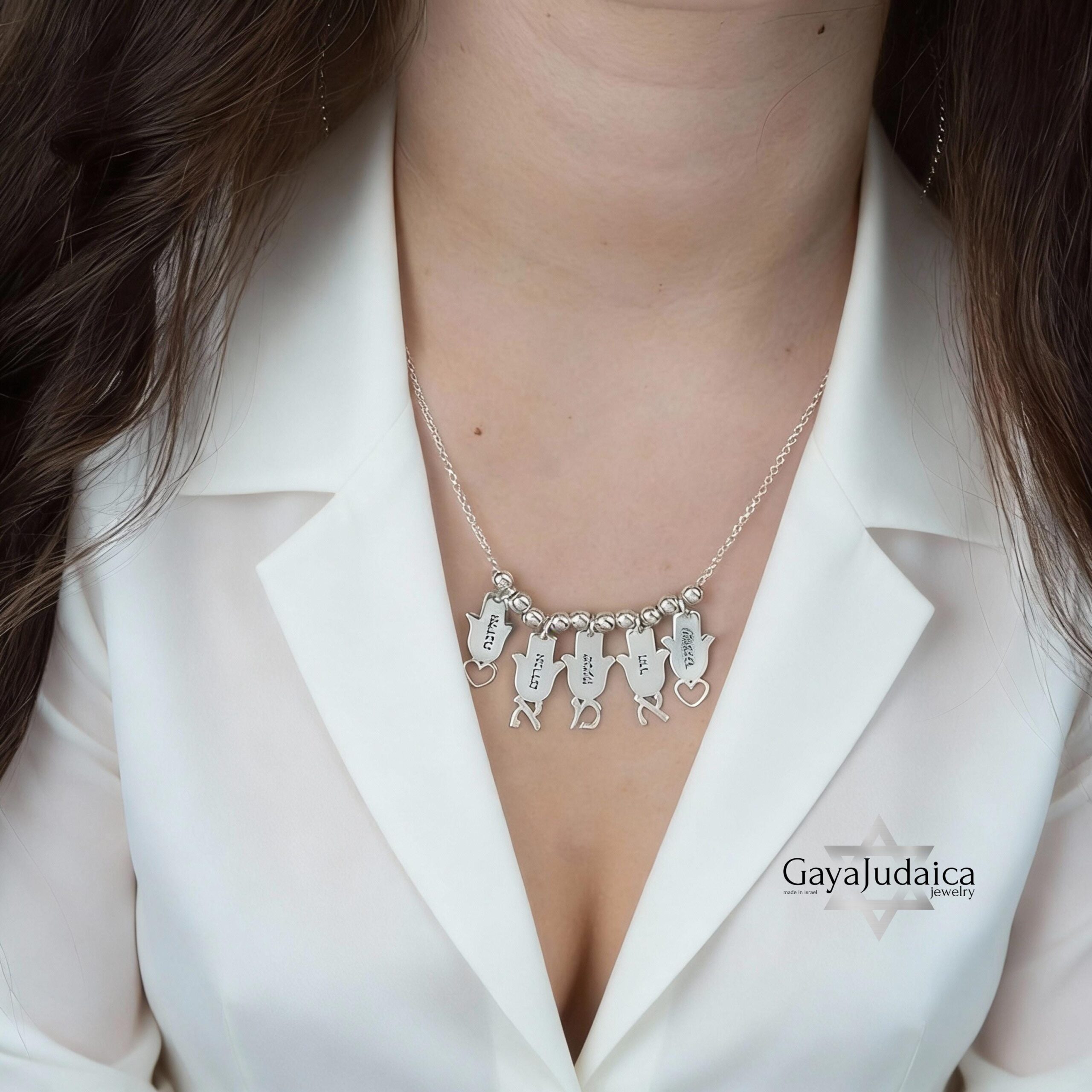 Multiple Name Necklace Sterling Silver, Engraved Hamsa Charms in Hebrew, 3 to 8 Pendants Multiple Name Necklace Sterling Silver, Engraved Hamsa Charms in Hebrew, 3 to 8 Pendants