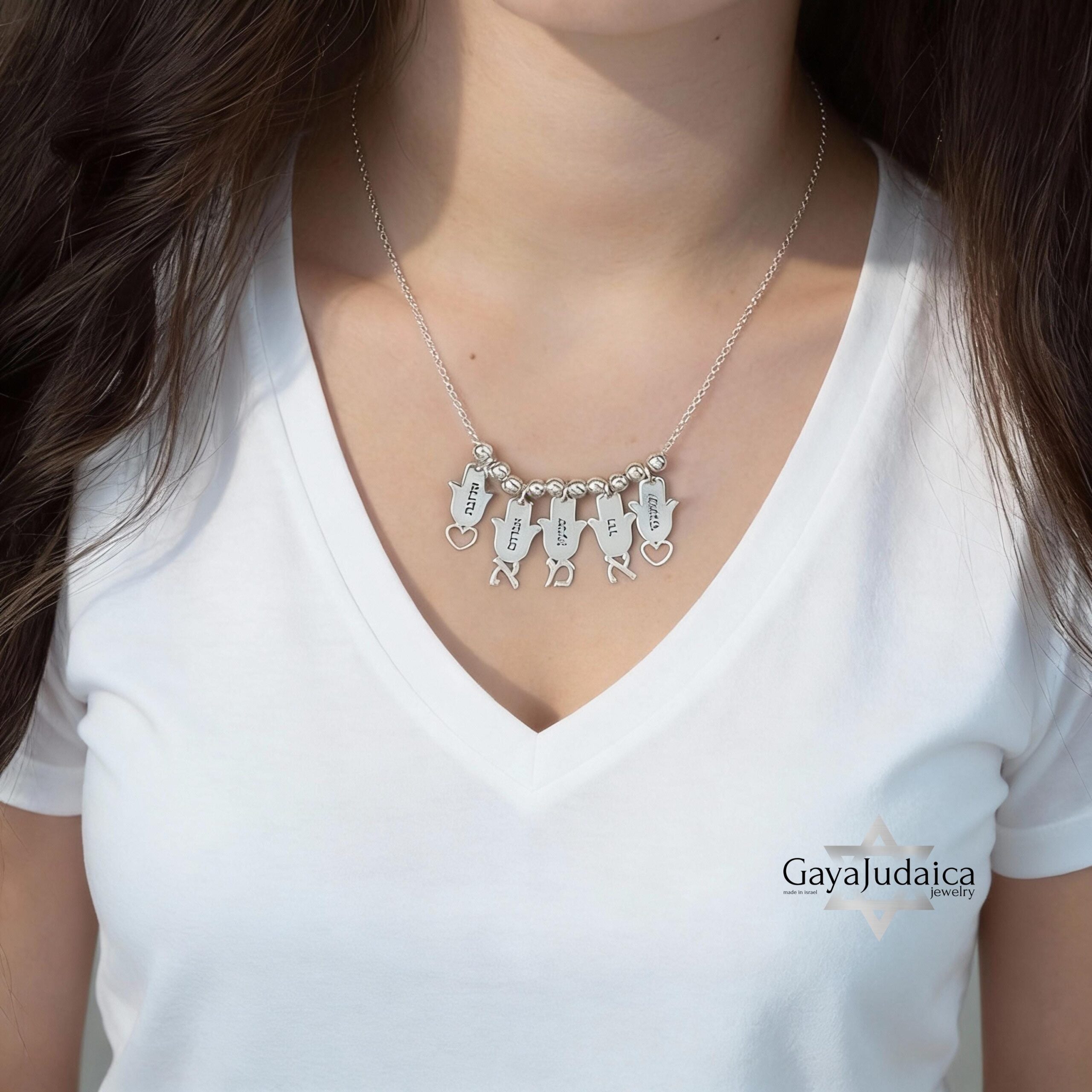 Multiple Name Necklace Sterling Silver, Engraved Hamsa Charms in Hebrew, 3 to 8 Pendants Multiple Name Necklace Sterling Silver, Engraved Hamsa Charms in Hebrew, 3 to 8 Pendants