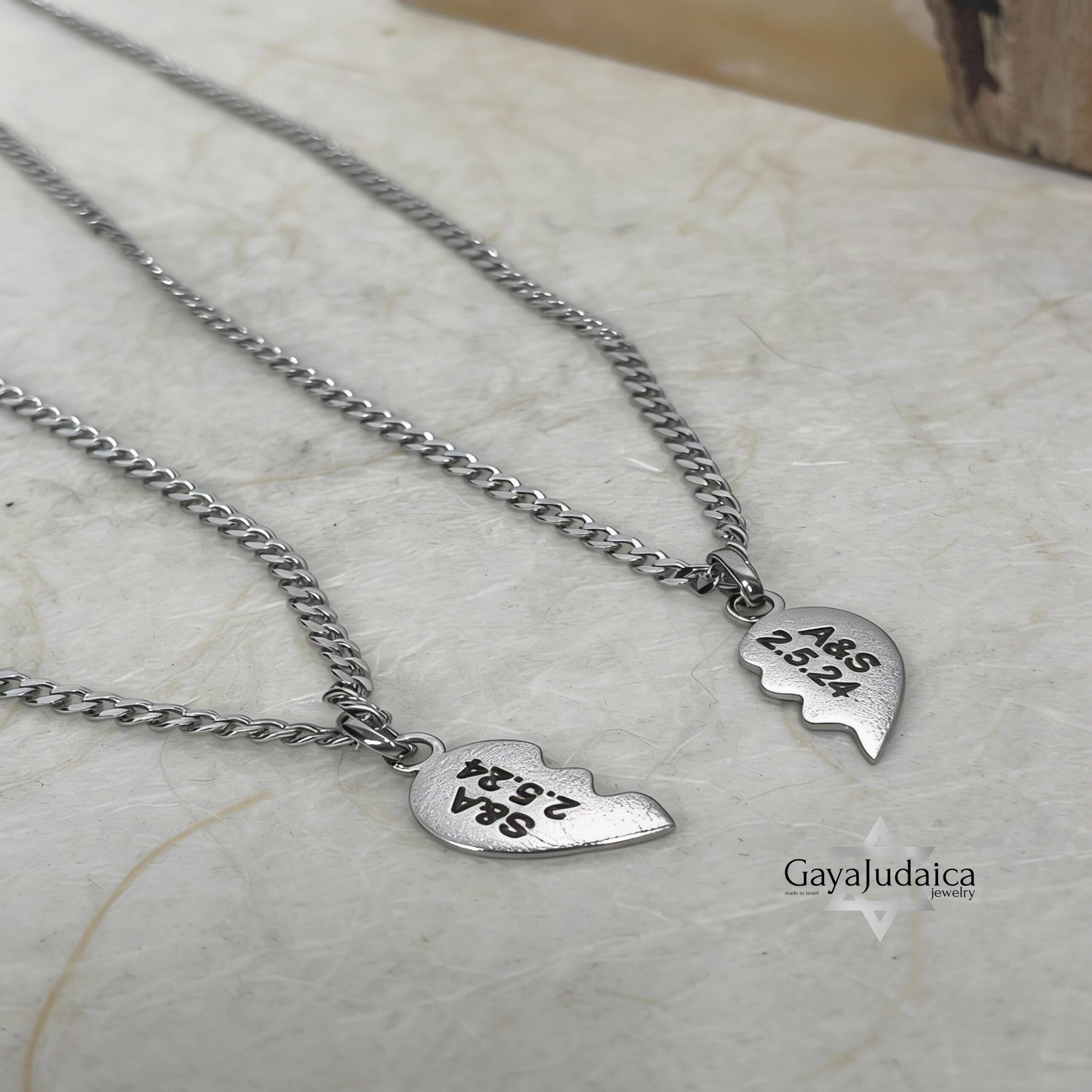 Split Heart Couples Necklace Set, Engraved Names, Stainless Steel (Silver or Gold) Split Heart Couples Necklace Set, Engraved Names, Stainless Steel (Silver or Gold)
