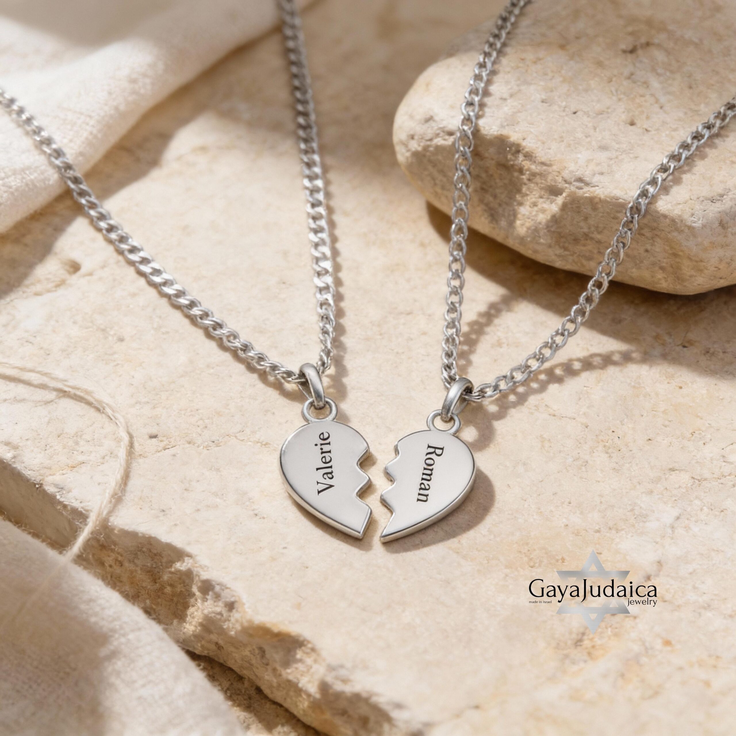 Split Heart Couples Necklace Set, Engraved Names, Stainless Steel (Silver or Gold) Split Heart Couples Necklace Set, Engraved Names, Stainless Steel (Silver or Gold)
