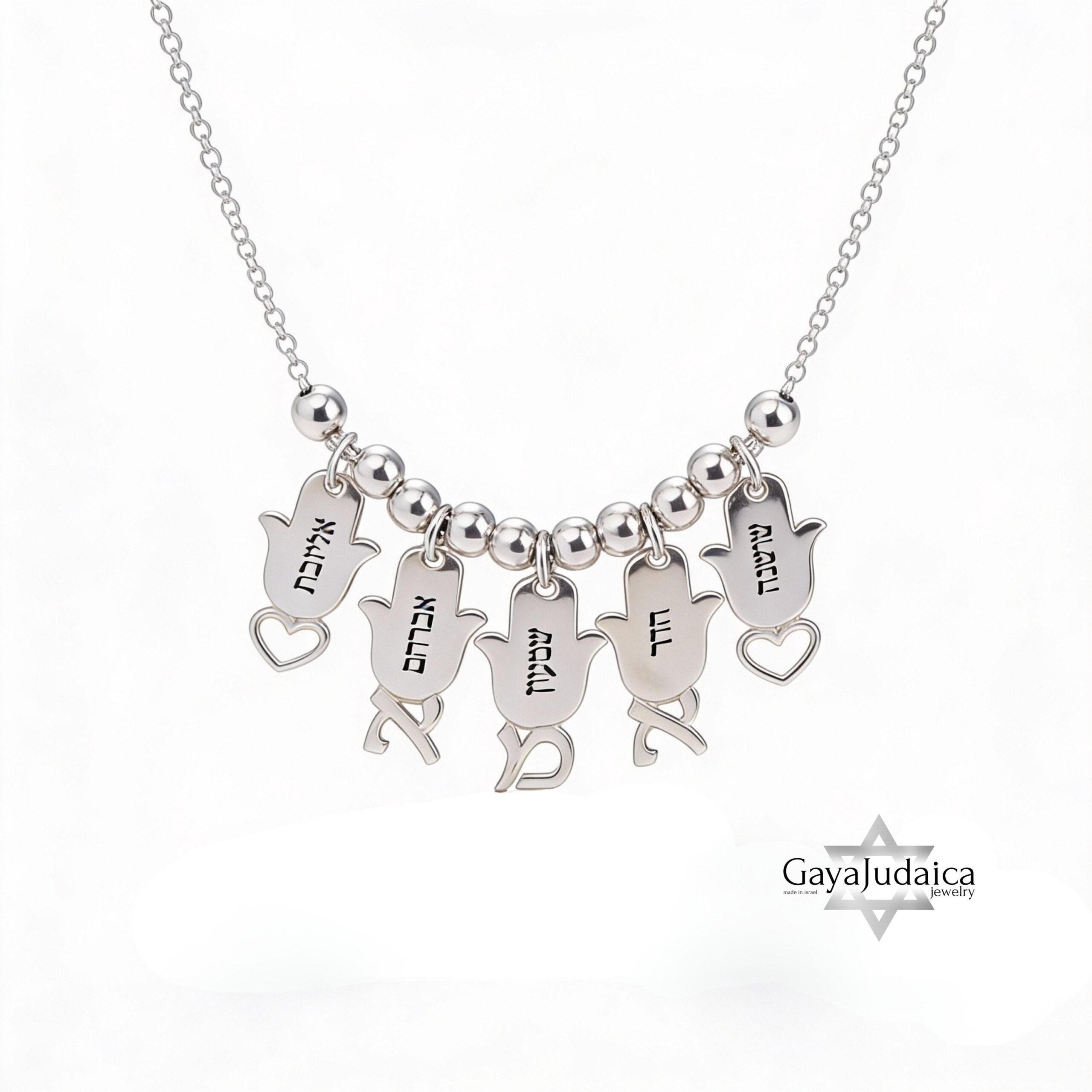 Multiple Name Necklace Sterling Silver, Engraved Hamsa Charms in Hebrew, 3 to 8 Pendants Multiple Name Necklace Sterling Silver, Engraved Hamsa Charms in Hebrew, 3 to 8 Pendants