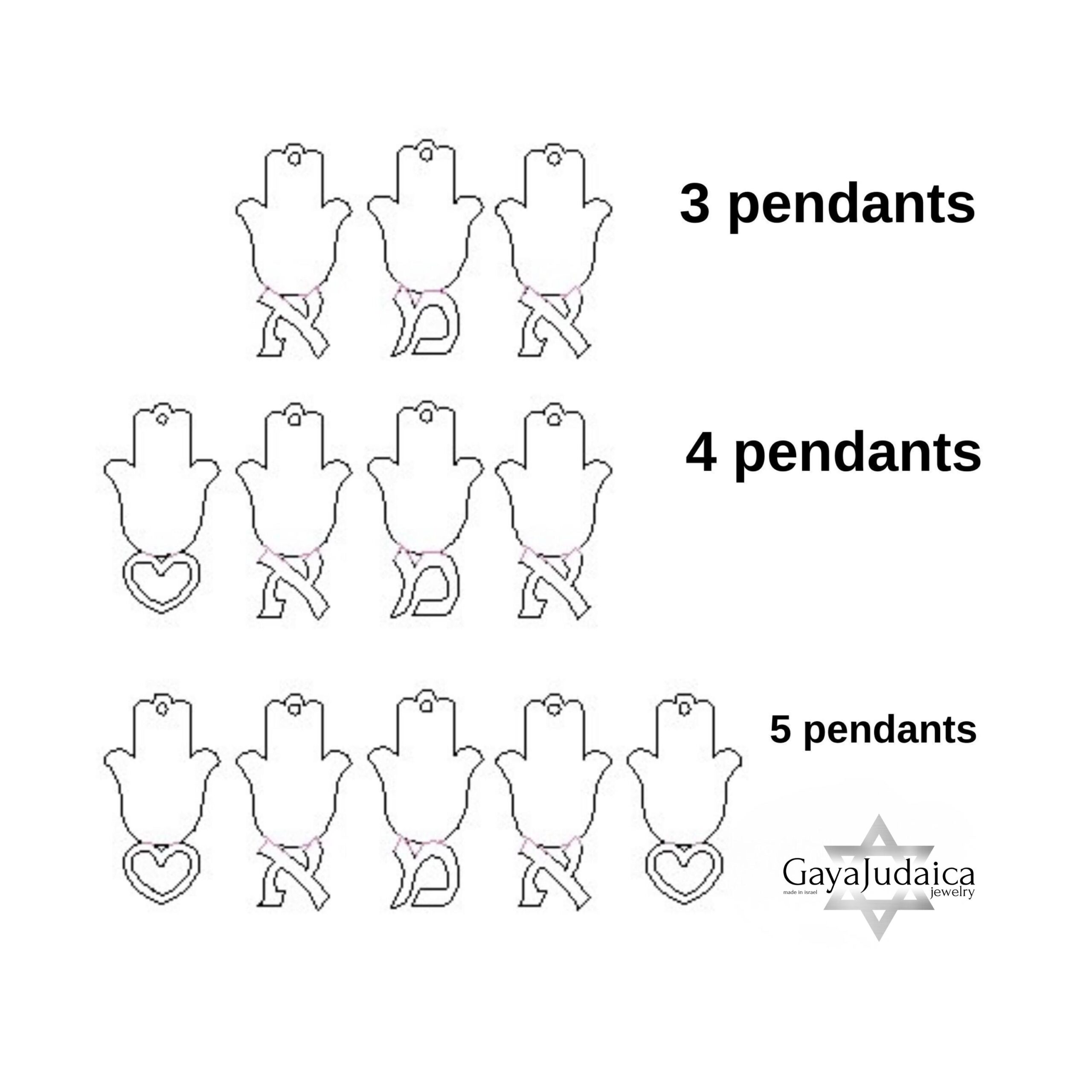 Multiple Name Necklace Sterling Silver, Engraved Hamsa Charms in Hebrew, 3 to 8 Pendants Multiple Name Necklace Sterling Silver, Engraved Hamsa Charms in Hebrew, 3 to 8 Pendants