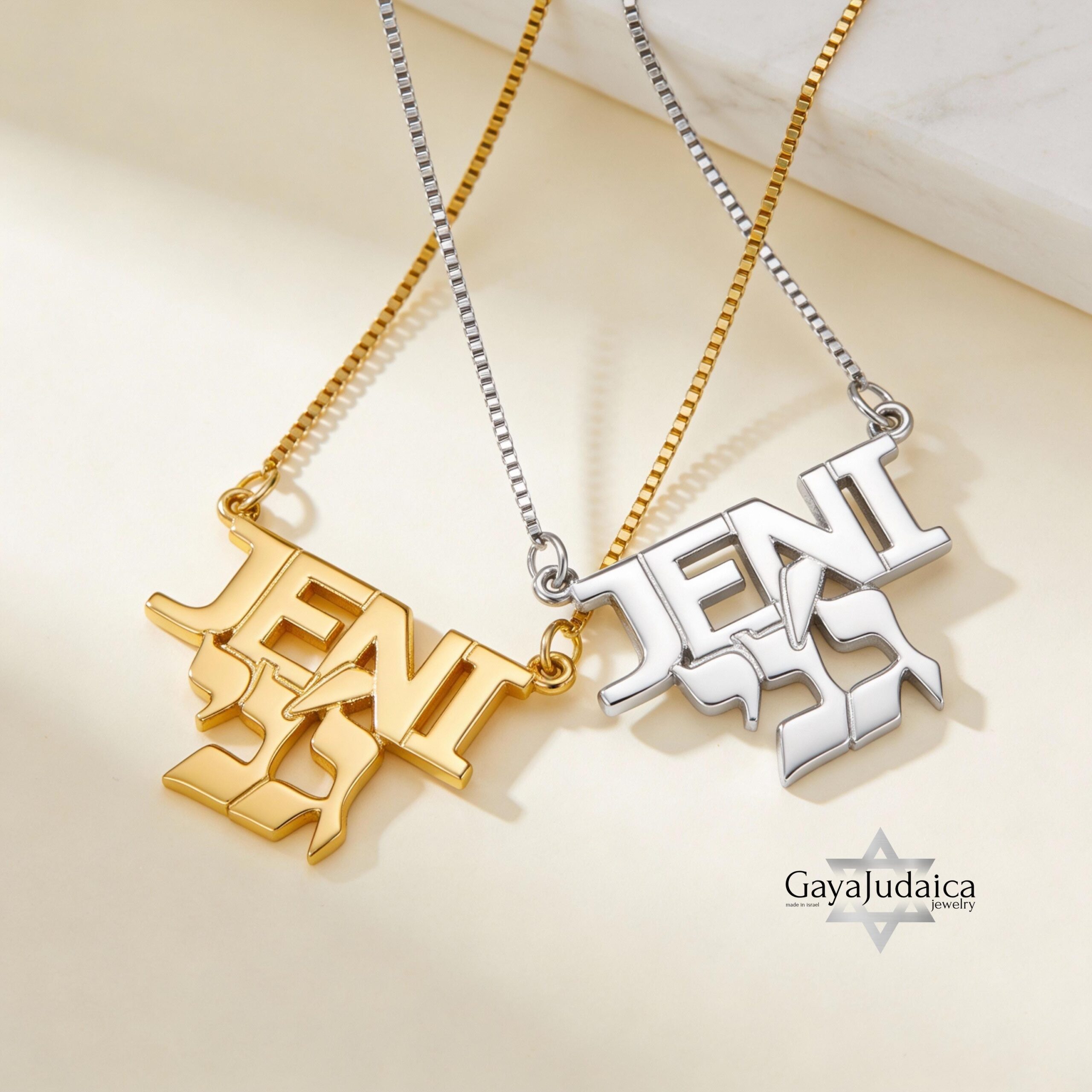 14K Gold Hebrew English Name Necklace, Personalized Bilingual Jewish Heritage Jewelry 14K Gold Hebrew English Name Necklace, Personalized Bilingual Jewish Heritage Jewelry