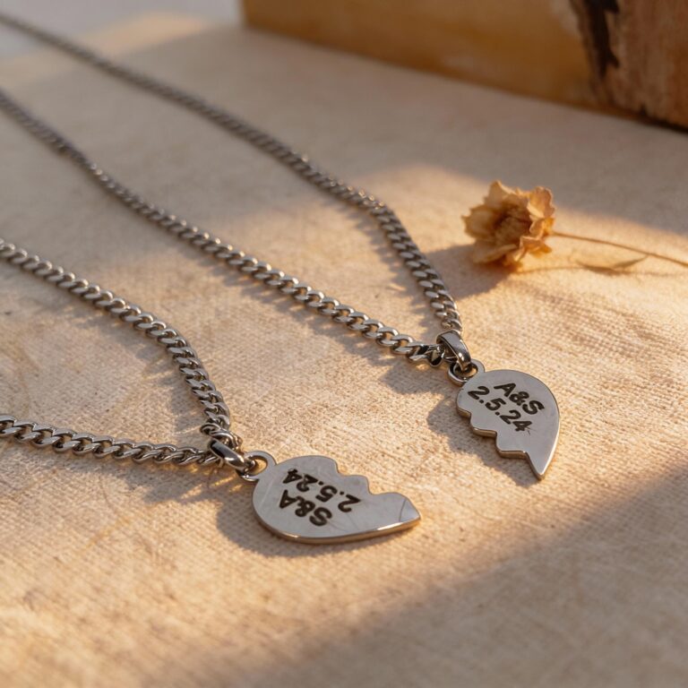 Split Heart Couples Necklace Set, Engraved Names, Stainless Steel (Silver or Gold)