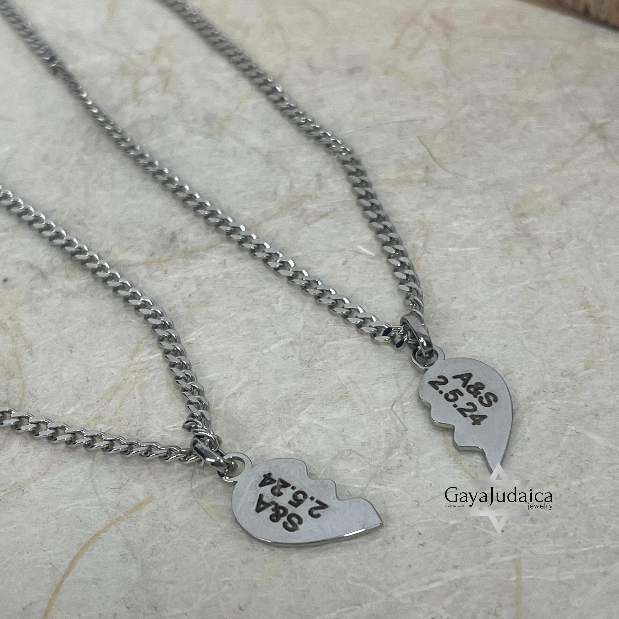 Split Heart Couples Necklace Set, Engraved Names, Stainless Steel (Silver or Gold) Split Heart Couples Necklace Set, Engraved Names, Stainless Steel (Silver or Gold)