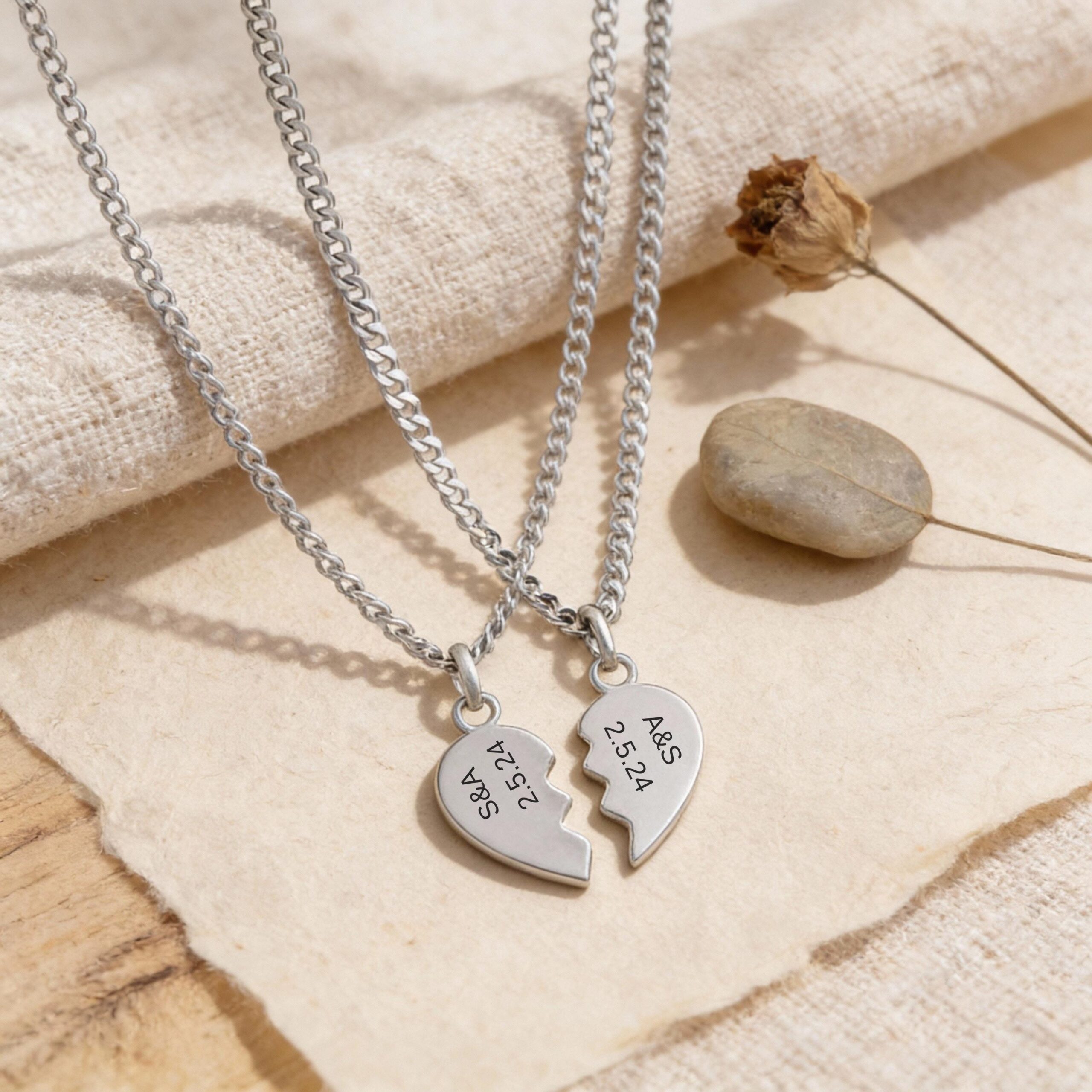Split Heart Couples Necklace Set, Engraved Names, Stainless Steel (Silver or Gold) Split Heart Couples Necklace Set, Engraved Names, Stainless Steel (Silver or Gold)