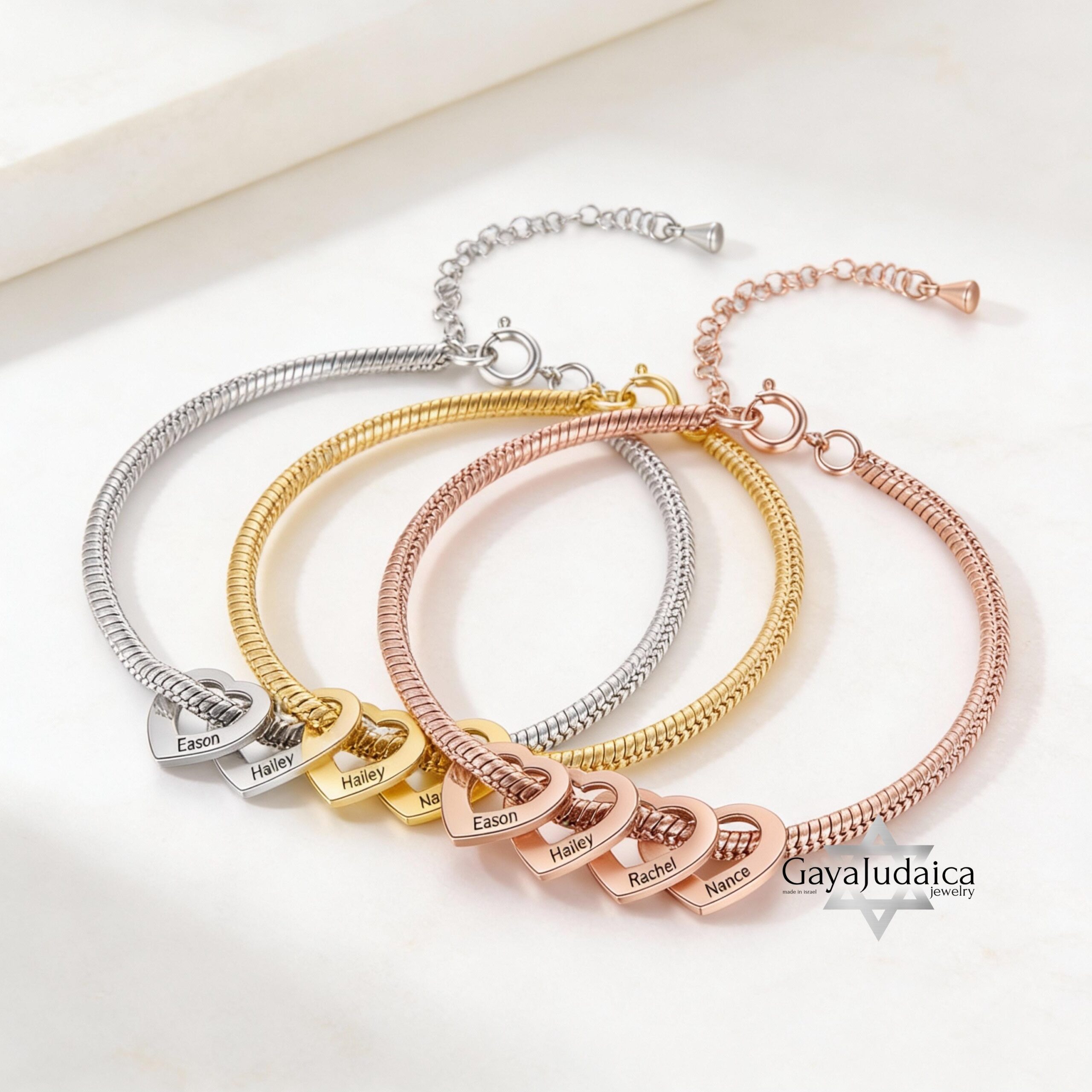 Mom Bracelet with Kids' Names, Engraved Heart Charms, Stainless Steel Mom Bracelet with Kids' Names, Engraved Heart Charms, Stainless Steel