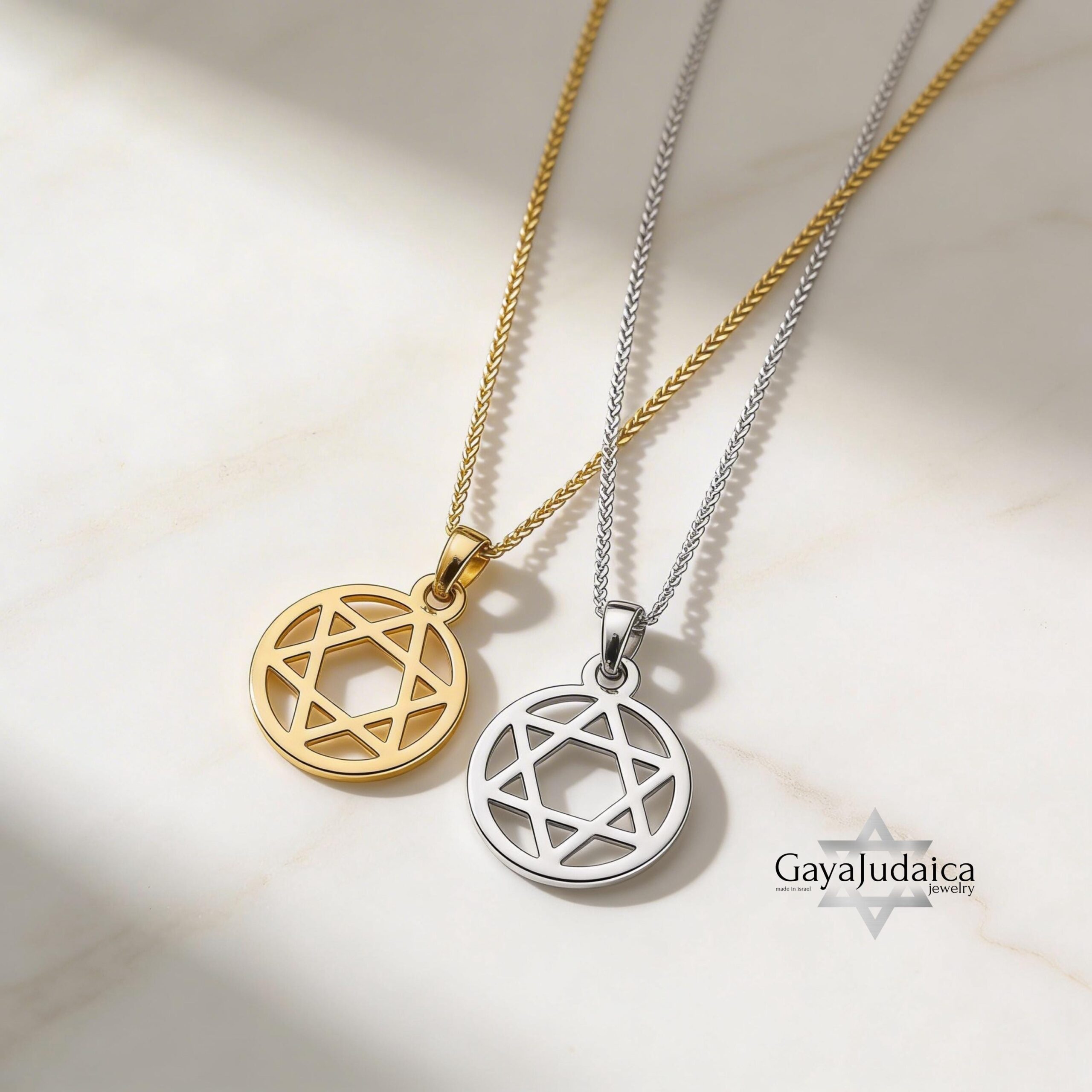 Jewish Star Necklace 14K Solid Gold, Circle Frame Pendant 18mm, Yellow or White Jewish Star Necklace 14K Solid Gold, Circle Frame Pendant 18mm, Yellow or White