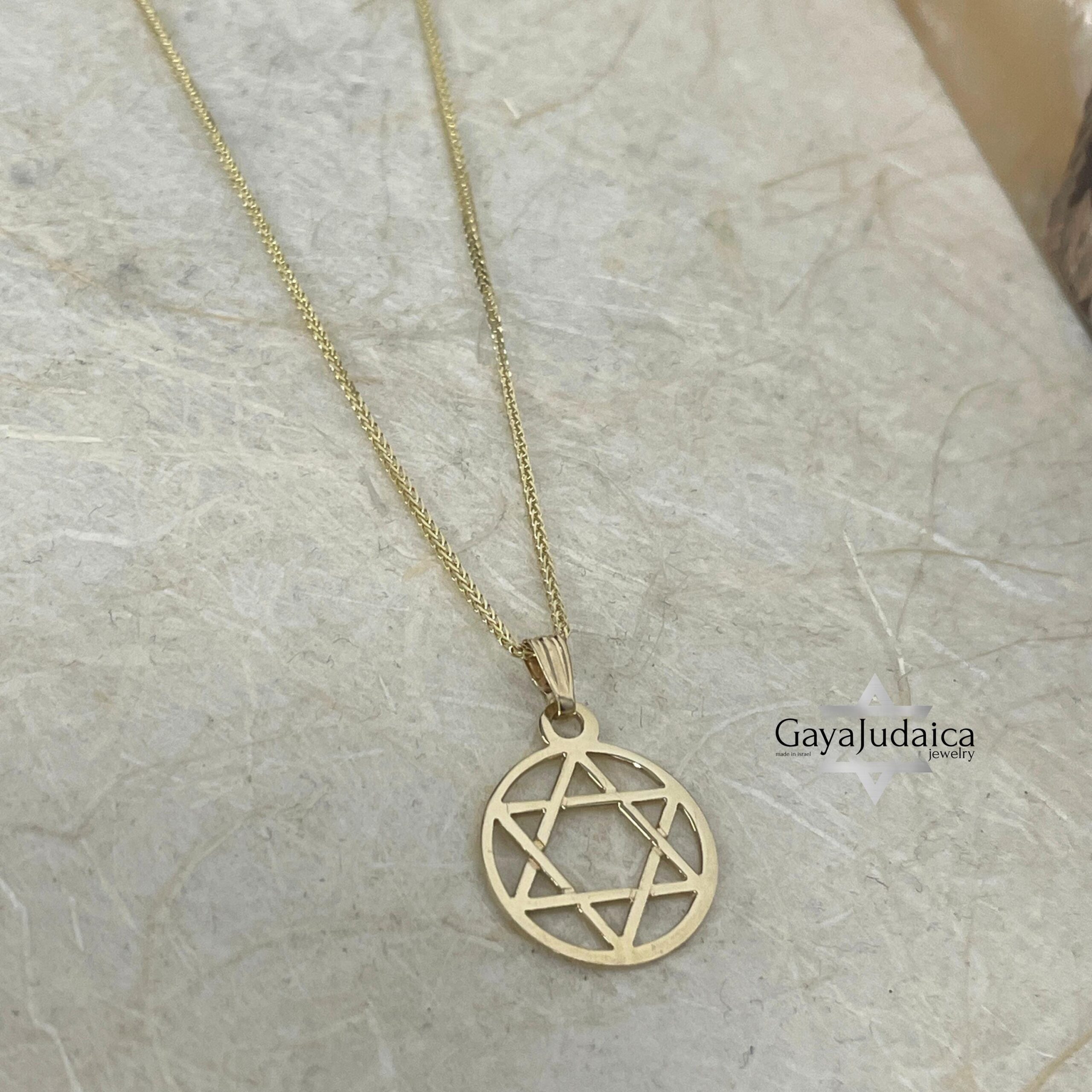 Jewish Star Necklace 14K Solid Gold, Circle Frame Pendant 18mm, Yellow or White Jewish Star Necklace 14K Solid Gold, Circle Frame Pendant 18mm, Yellow or White