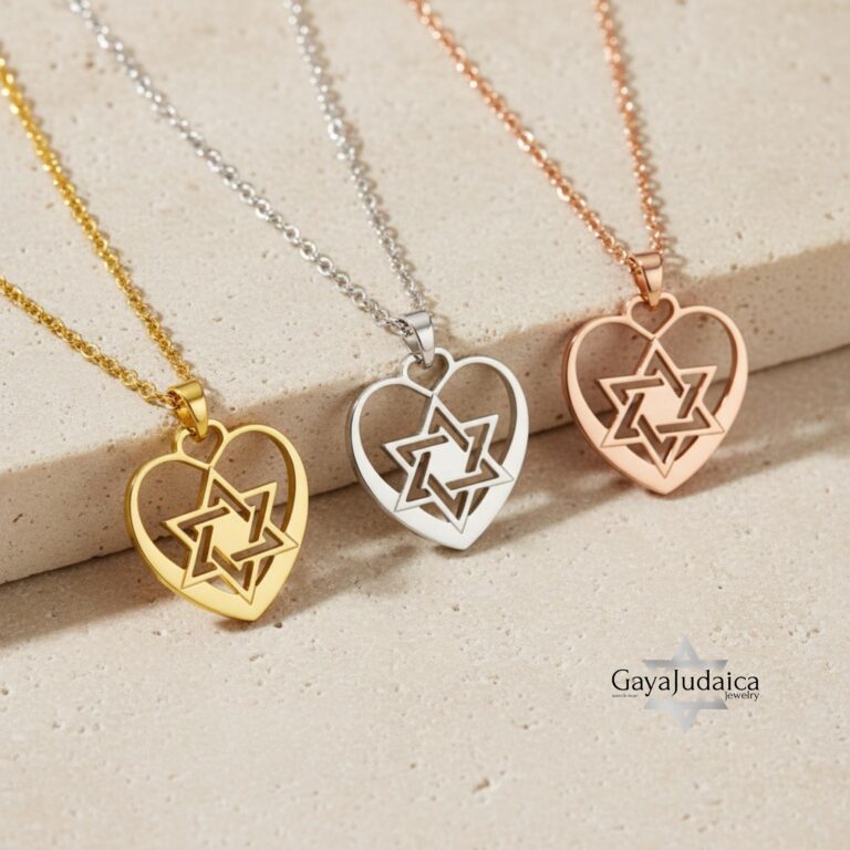 Jewish Star Heart Necklace Sterling Silver, 25mm Cutout Pendant, Gold or Rose Plated