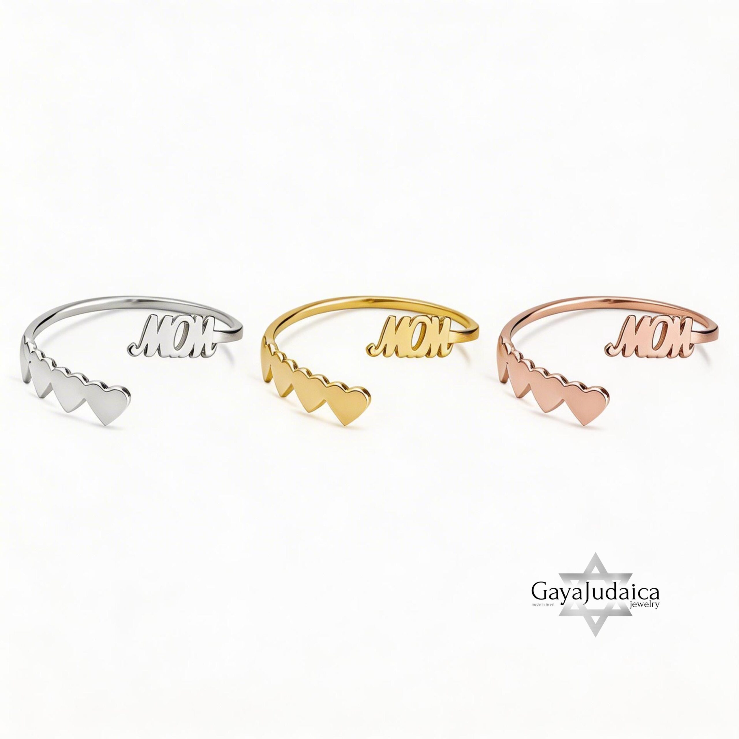 Personalized Mom Bangle with Engraved Hebrew Names, Sterling Silver, Gold Plated Personalized Mom Bangle with Engraved Hebrew Names, Sterling Silver, Gold Plated