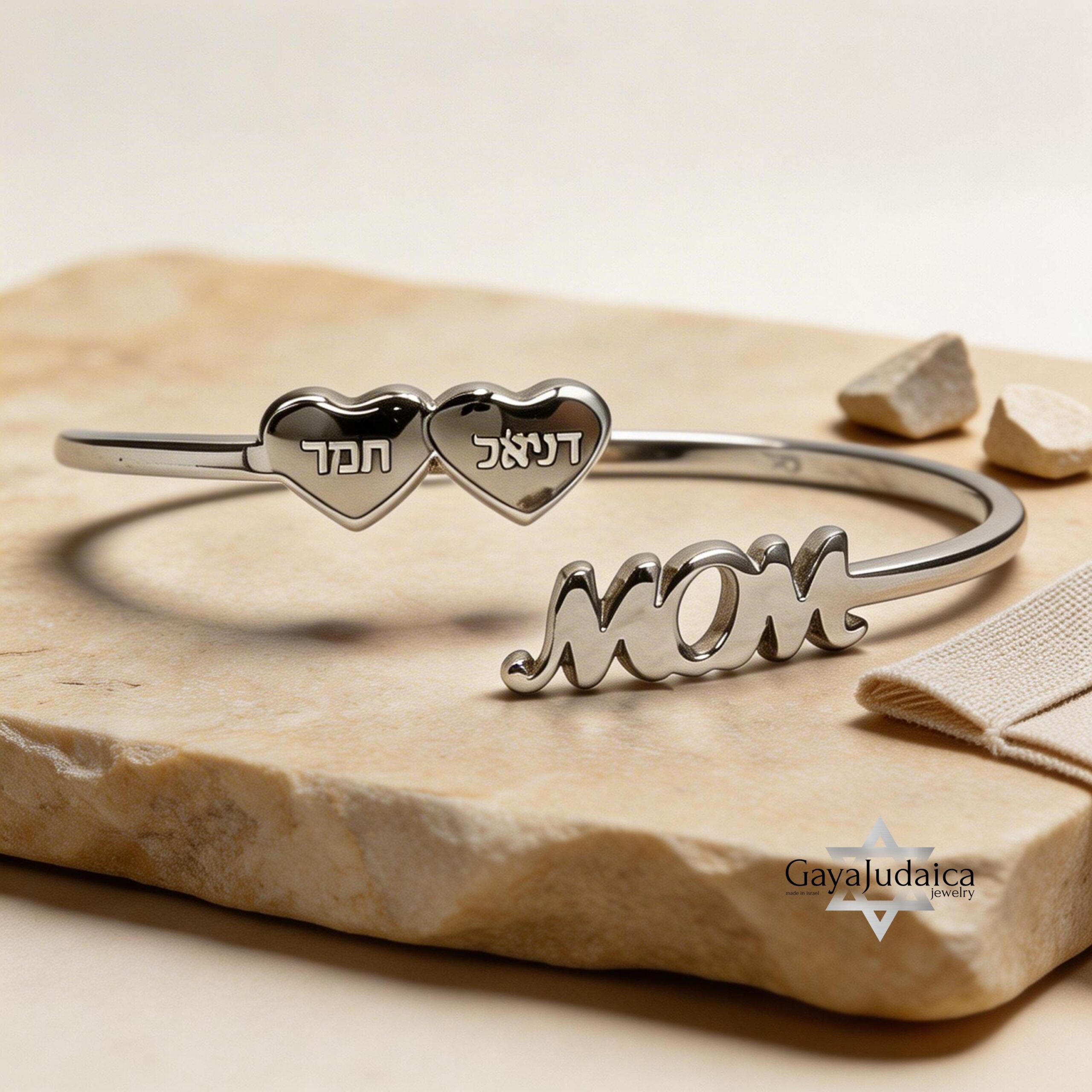 Personalized Mom Bangle with Engraved Hebrew Names, Sterling Silver, Gold Plated Personalized Mom Bangle with Engraved Hebrew Names, Sterling Silver, Gold Plated