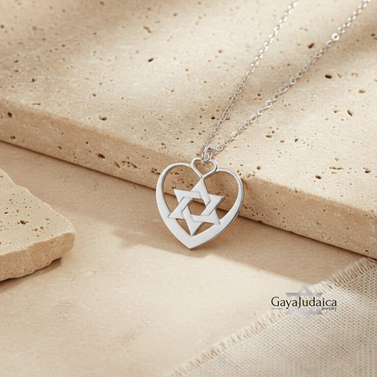 Heart Necklace with Star of David, Sterling Silver 25mm Pendant, Gold or Rose Plated
