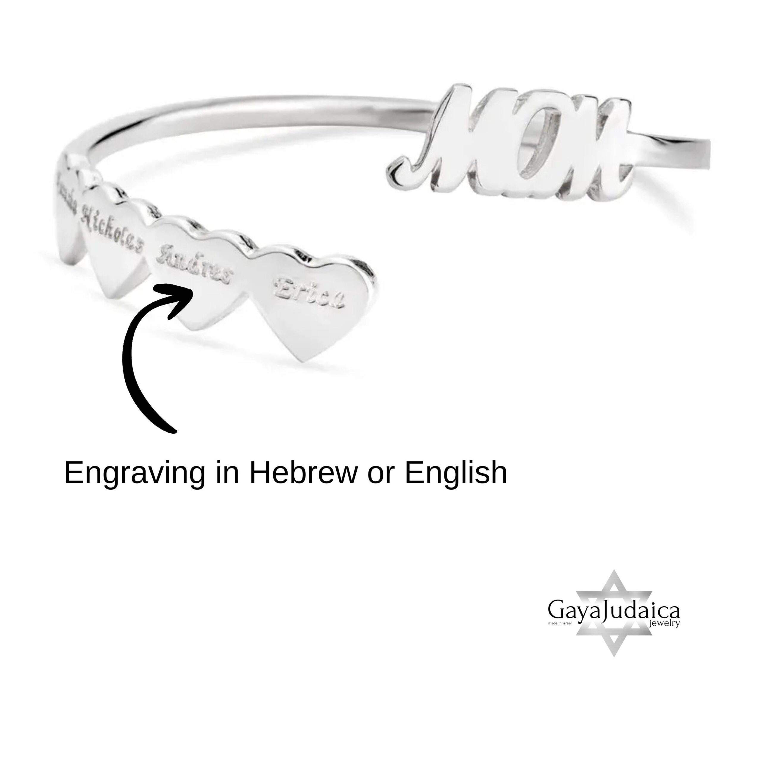 Personalized Mom Bangle with Engraved Hebrew Names, Sterling Silver, Gold Plated Personalized Mom Bangle with Engraved Hebrew Names, Sterling Silver, Gold Plated