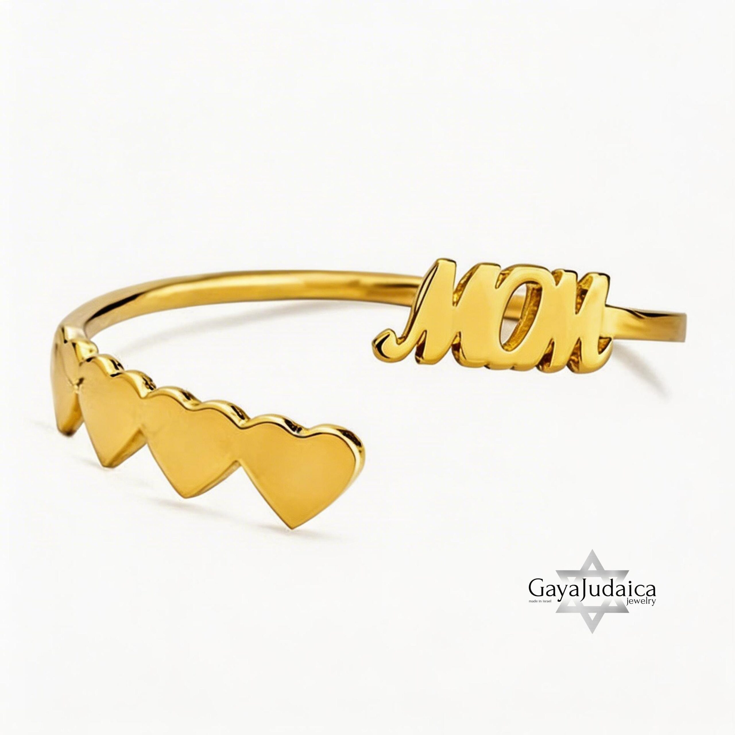 Personalized Mom Bangle with Engraved Hebrew Names, Sterling Silver, Gold Plated Personalized Mom Bangle with Engraved Hebrew Names, Sterling Silver, Gold Plated