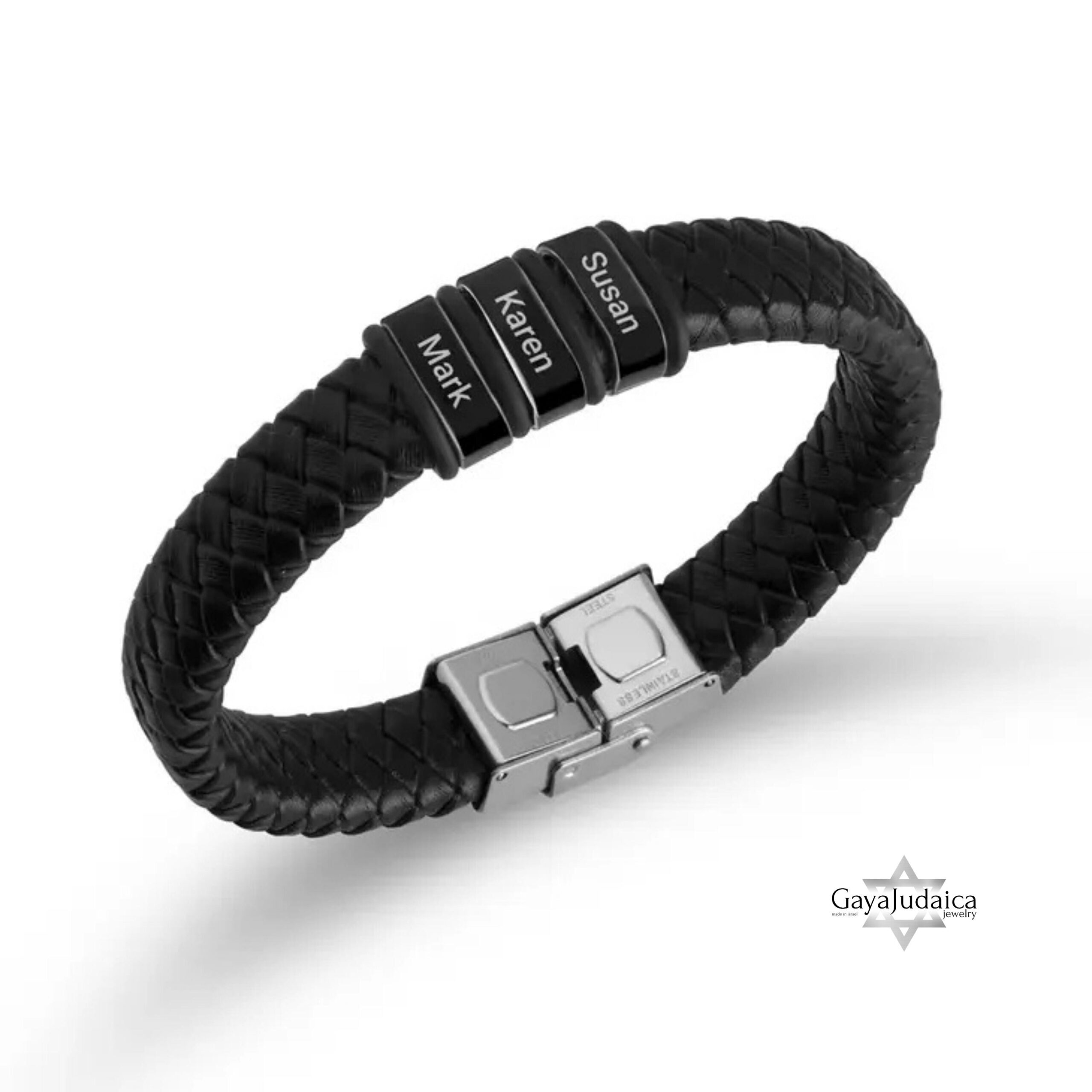 Personalized Dad Bracelet, Custom Engraved Kids Names, Hebrew English Leather (Handmade in Isr Personalized Dad Bracelet, Custom Engraved Kids Names, Hebrew English Leather (Handmade in Isr