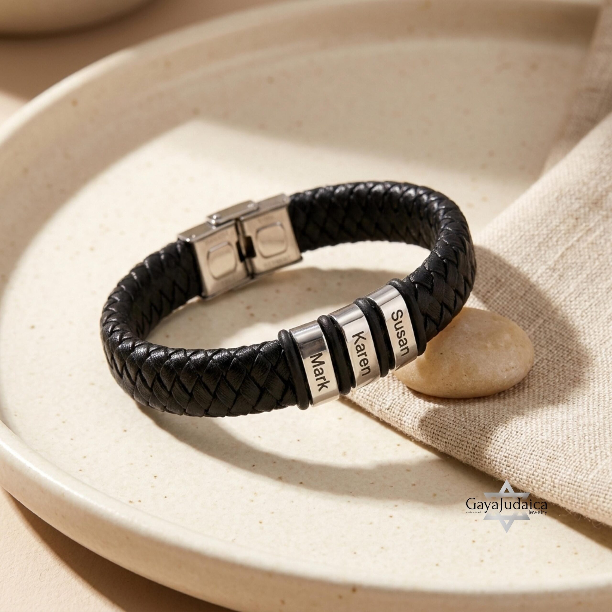 Personalized Dad Bracelet, Custom Engraved Kids Names, Hebrew English Leather (Handmade in Isr Personalized Dad Bracelet, Custom Engraved Kids Names, Hebrew English Leather (Handmade in Isr
