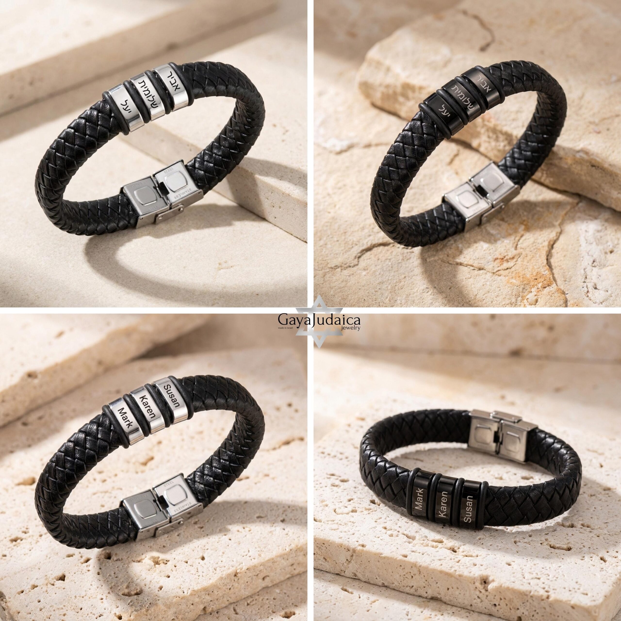 Personalized Dad Bracelet, Custom Engraved Kids Names, Hebrew English Leather (Handmade in Isr Personalized Dad Bracelet, Custom Engraved Kids Names, Hebrew English Leather (Handmade in Isr