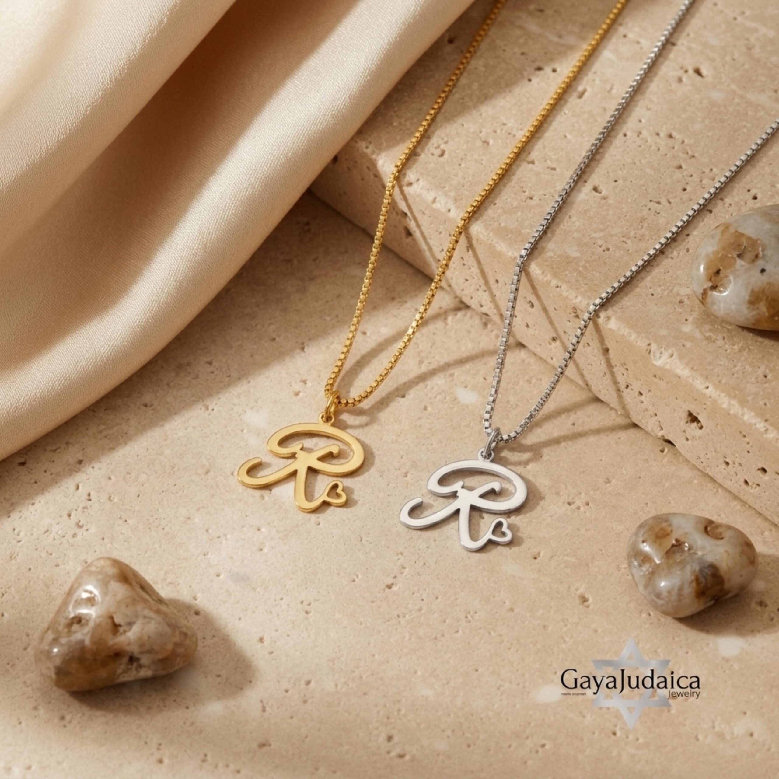 Tiny Initial Necklace 14K Solid Gold, Script Letter with Heart, 15mm Pendant Tiny Initial Necklace 14K Solid Gold, Script Letter with Heart, 15mm Pendant