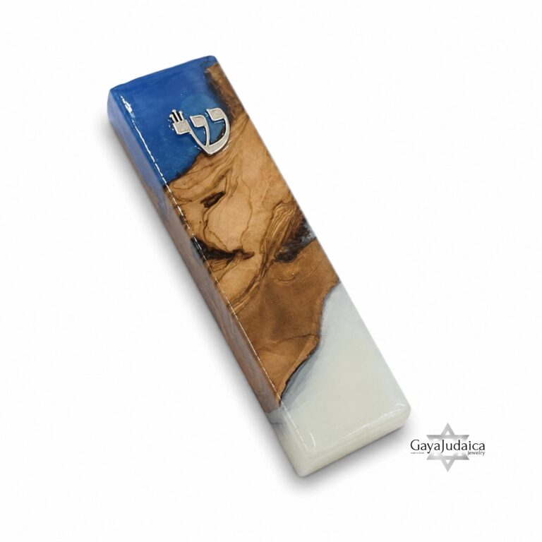 Olive Wood Mezuzah Case with Blue and White Epoxy Resin, 15cm, Made in Israel - handmade in Israel