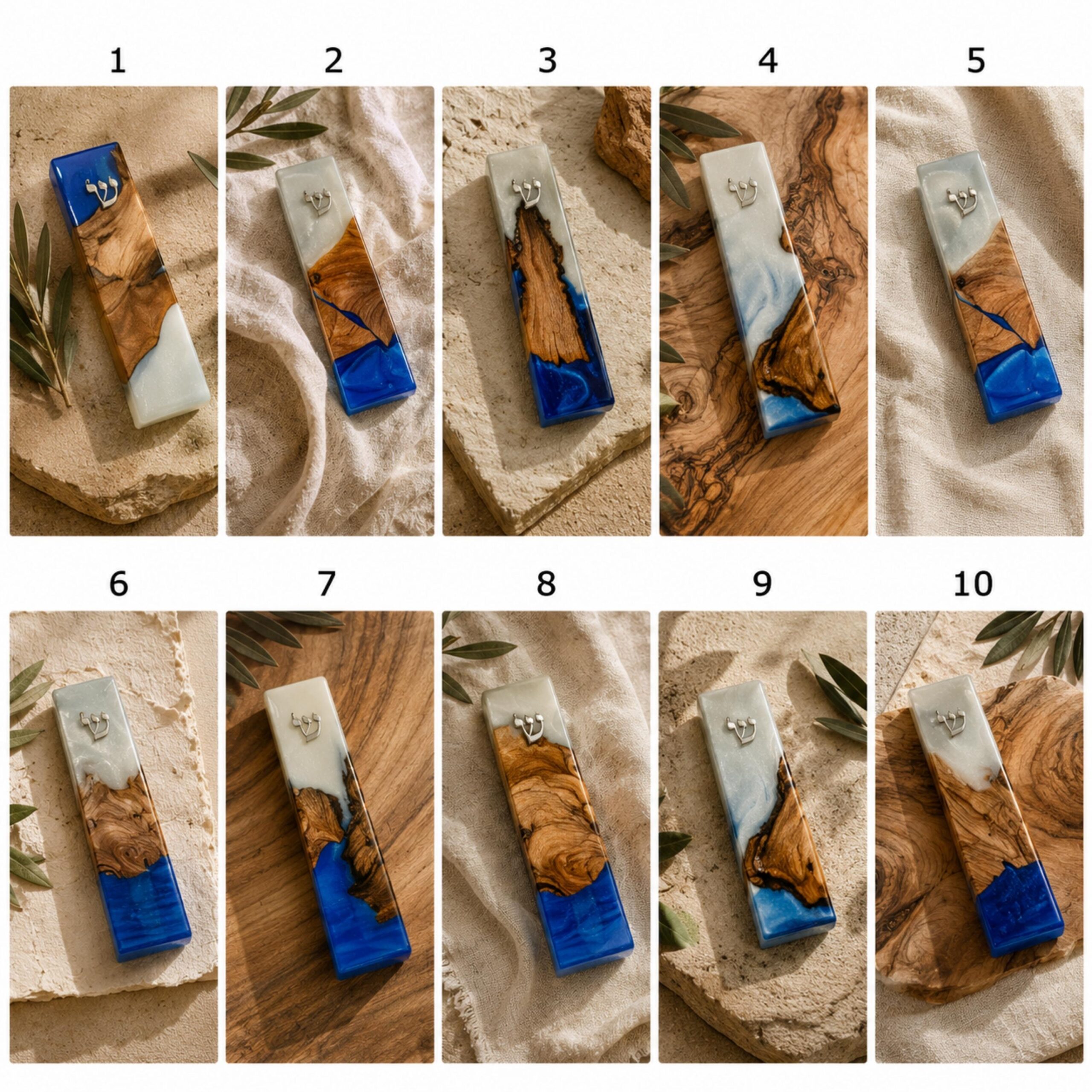 Olive Wood Mezuzah Case with Blue and White Epoxy Resin, 15cm Olive Wood Mezuzah Case with Blue and White Epoxy Resin, 15cm