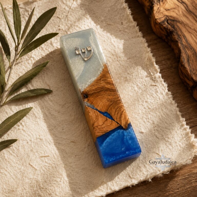 Olive Wood Mezuzah Case with Blue and White Epoxy Resin, 15cm, Made in Israel