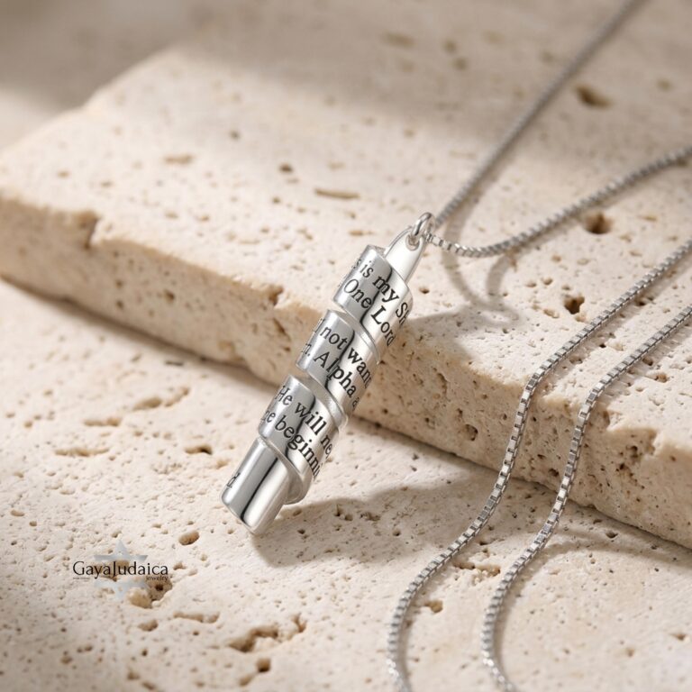 Scroll Necklace, Sterling Silver Engraved Message, 38mm Rolled Pendant, Hebrew or English