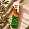 Green and White Epoxy Olive Wood Mezuzah Case, 15cm Jewish Doorpost, Made in Israel - handmade in Israel