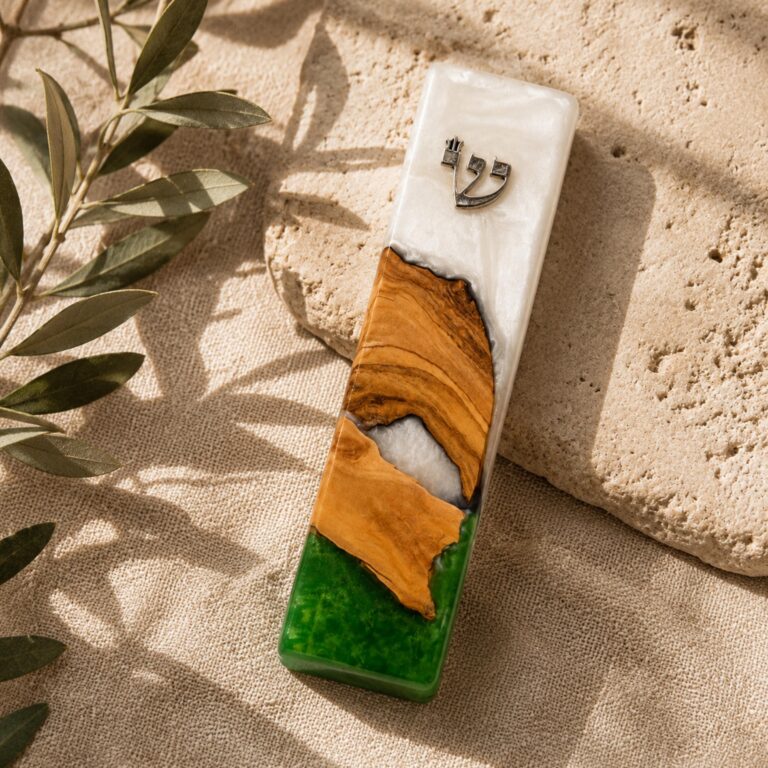 Green and White Epoxy Olive Wood Mezuzah Case, 15cm Jewish Doorpost, Made in Israel